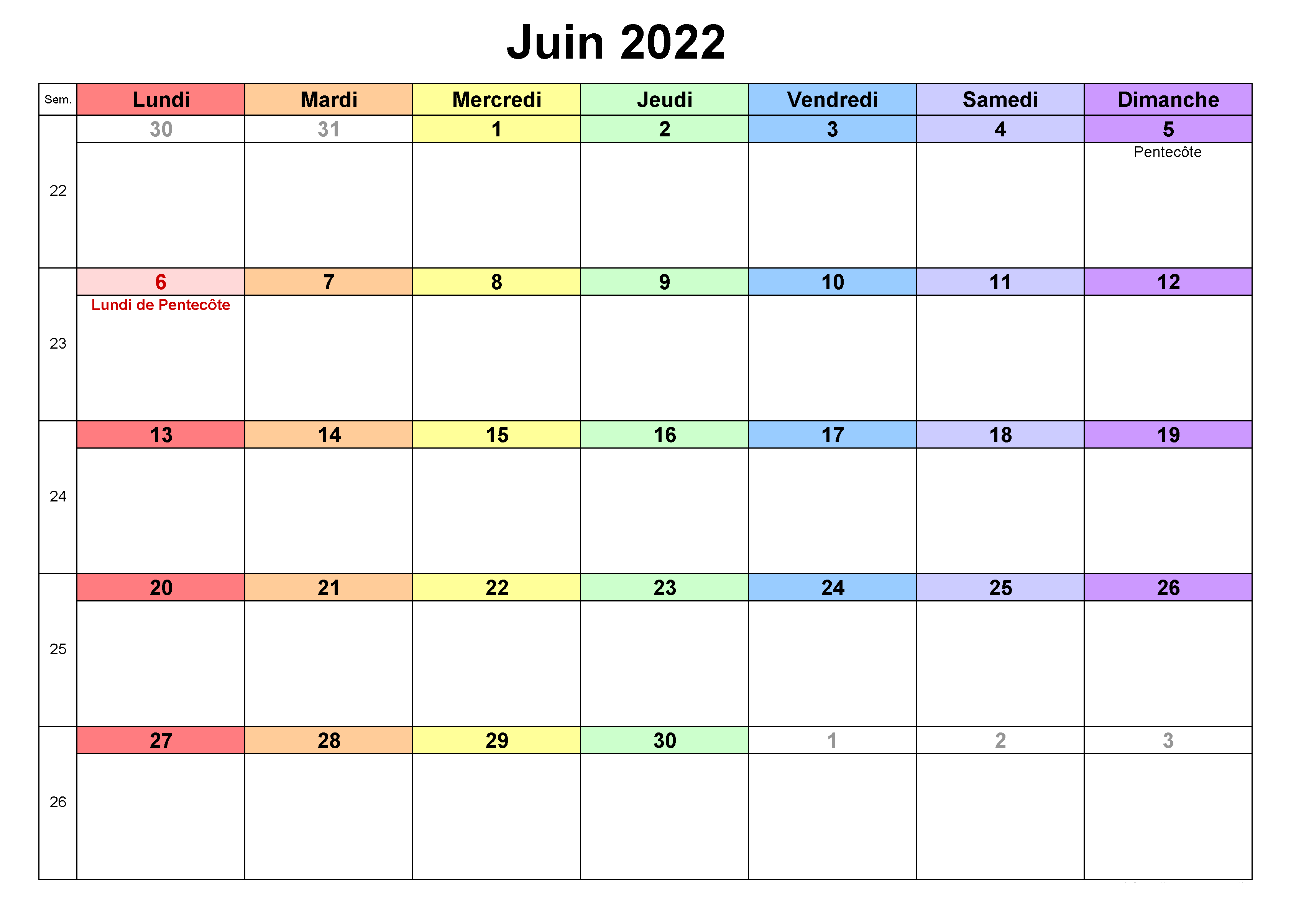 Juin Calendrier 2022