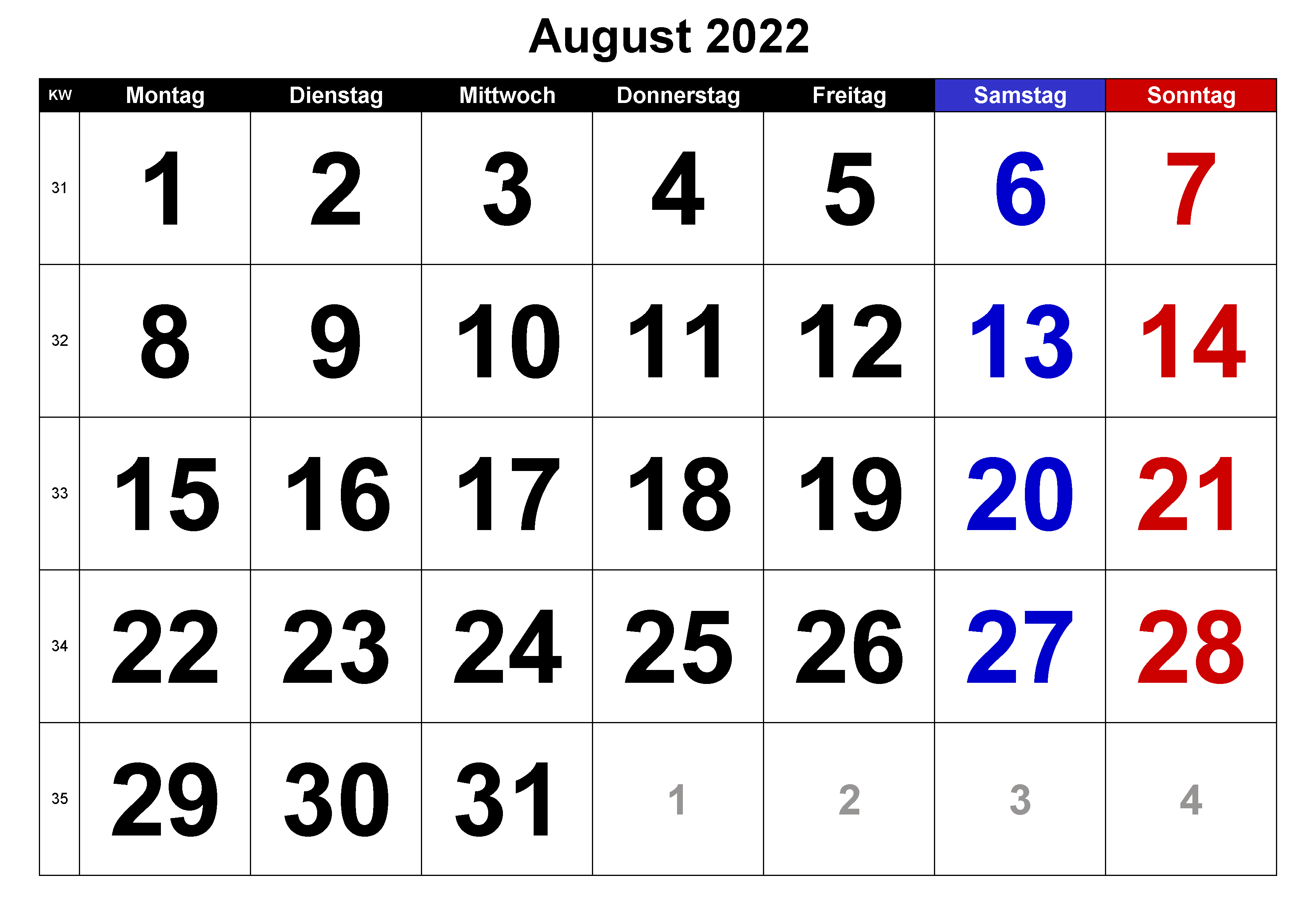 Kalender 2022 August