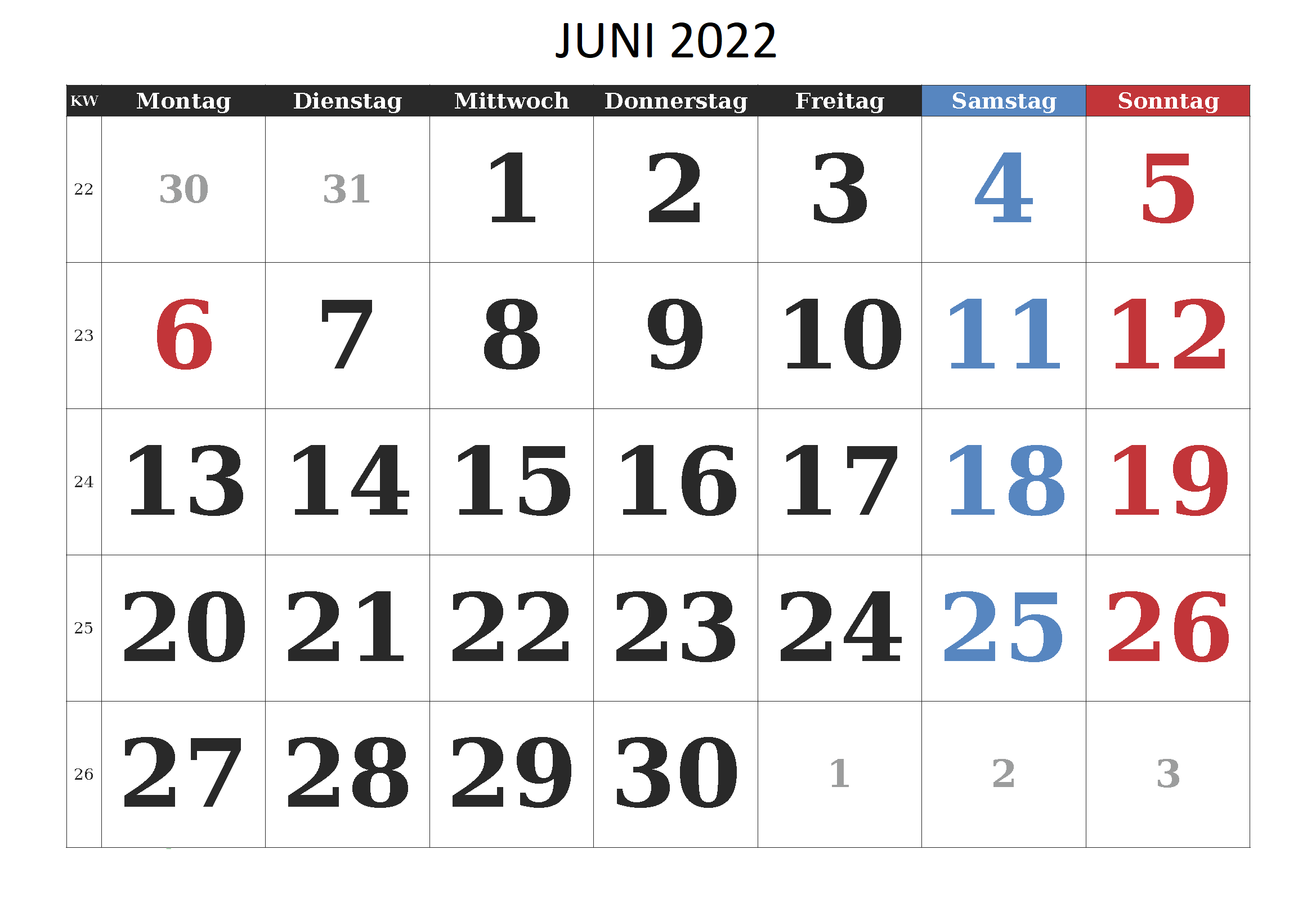 Kalender 2022 Juni Mit Feiertagen