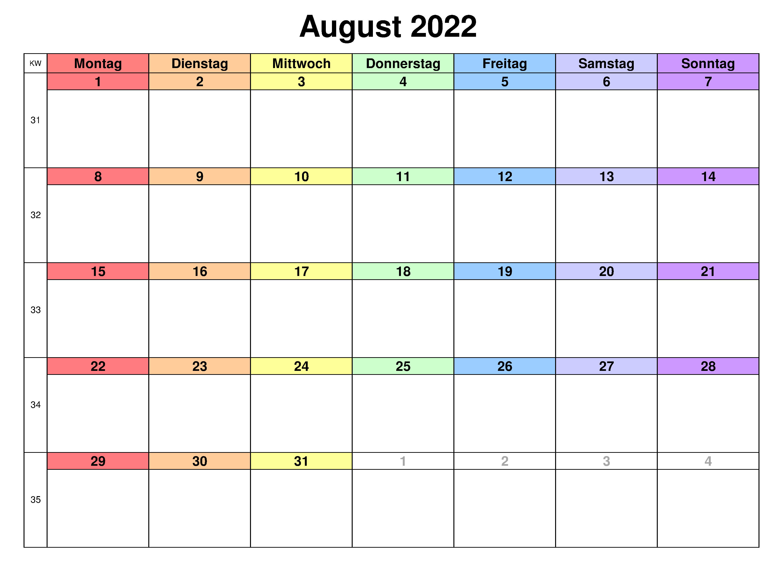 Kalender August 2022 Tabelle