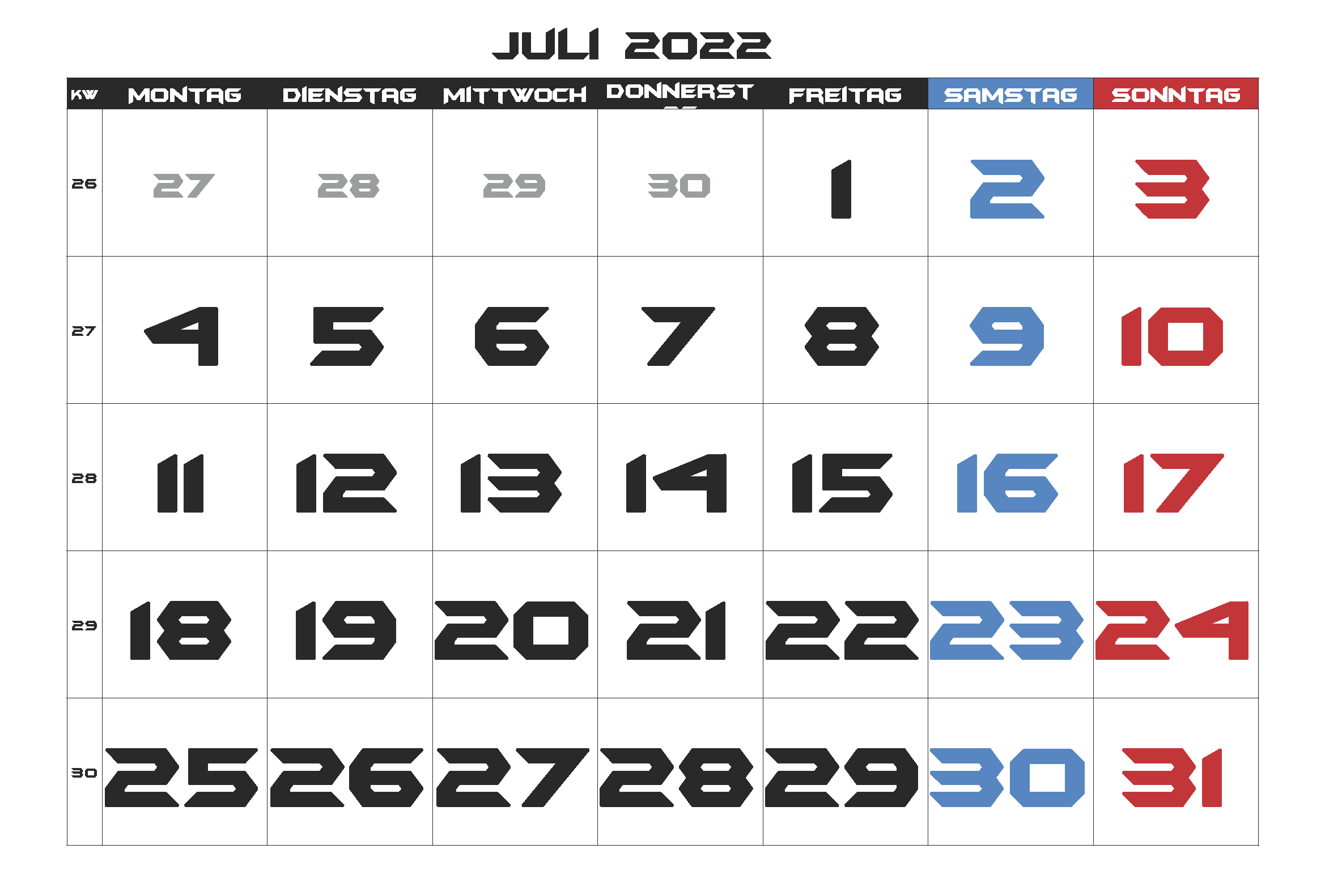 Kalender Juli 2022 Mit Feiertagen Bild