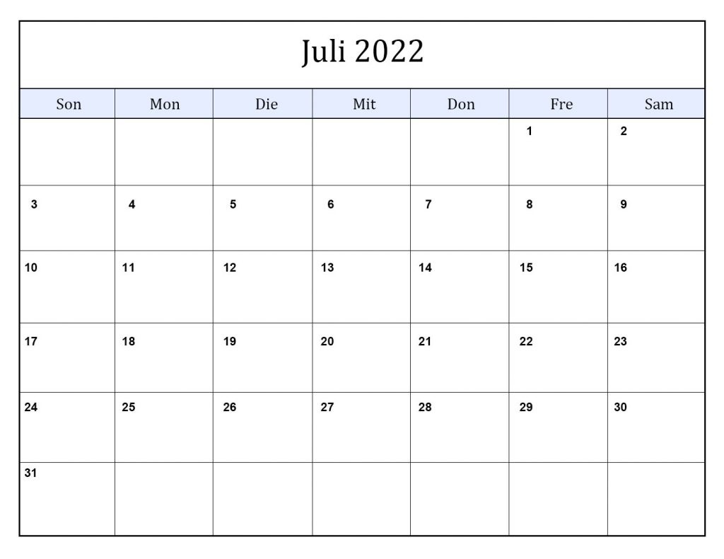 Kalender Juli 2022 Mit Feiertagen Notizen