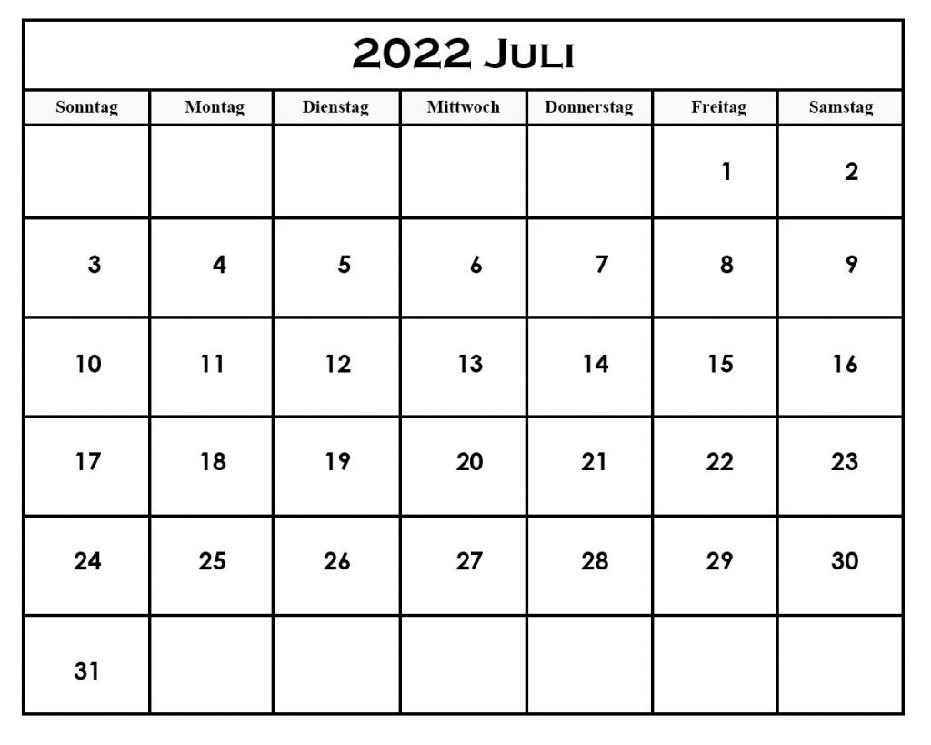 Kalender Juli 2022 Mit Feiertagen