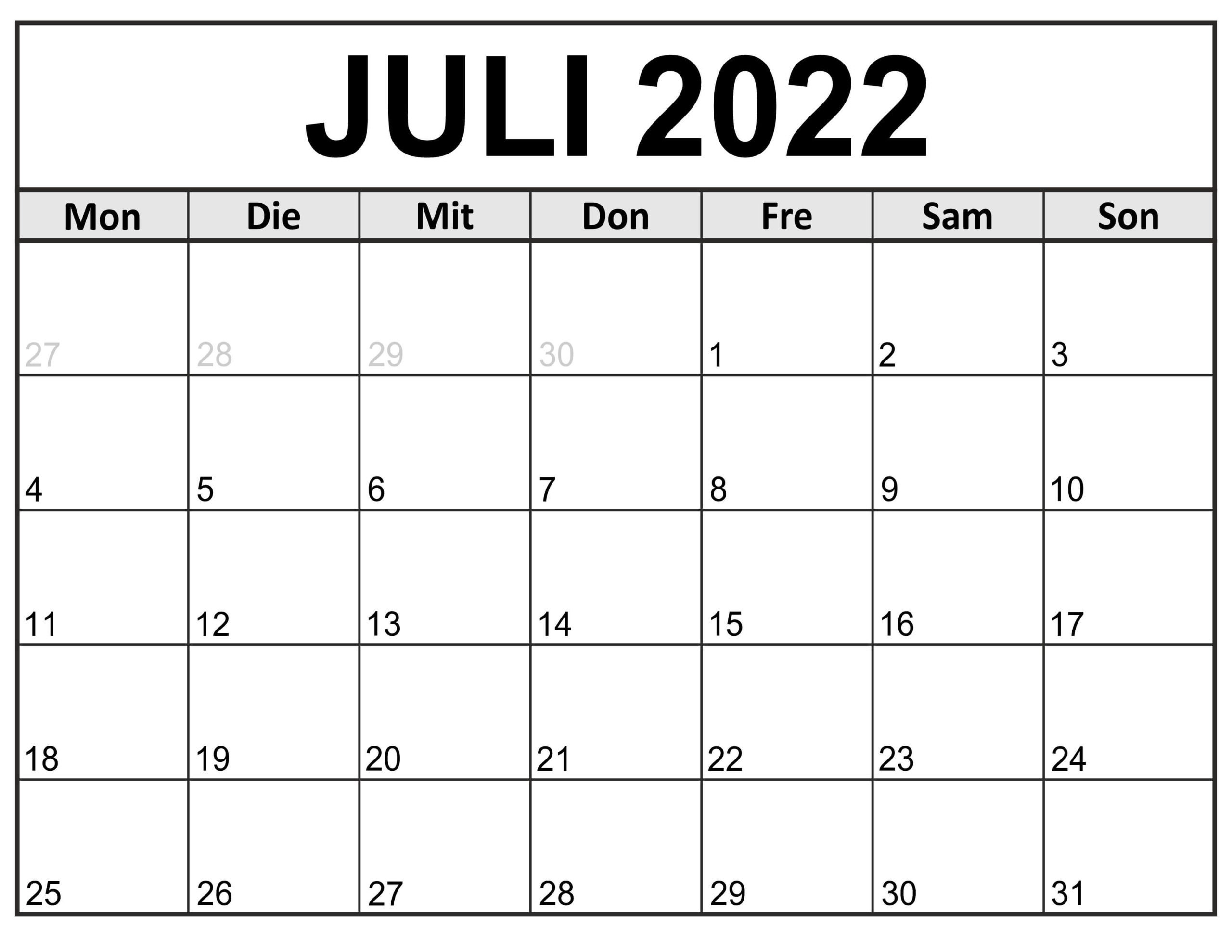 Kalender Juli 2022 Monatlich