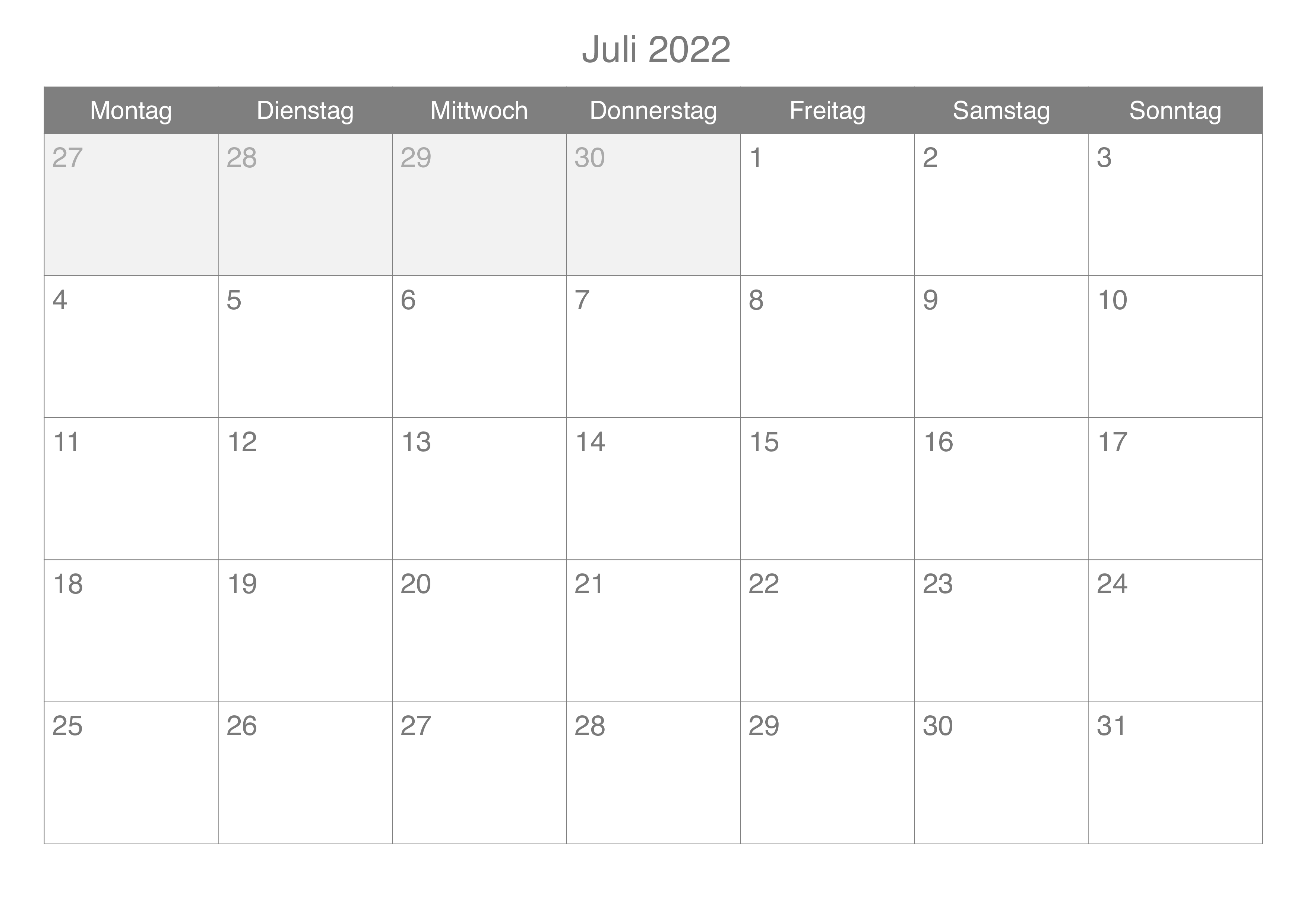 Kalender Juli 2022 Zum Ausdrucken Excel
