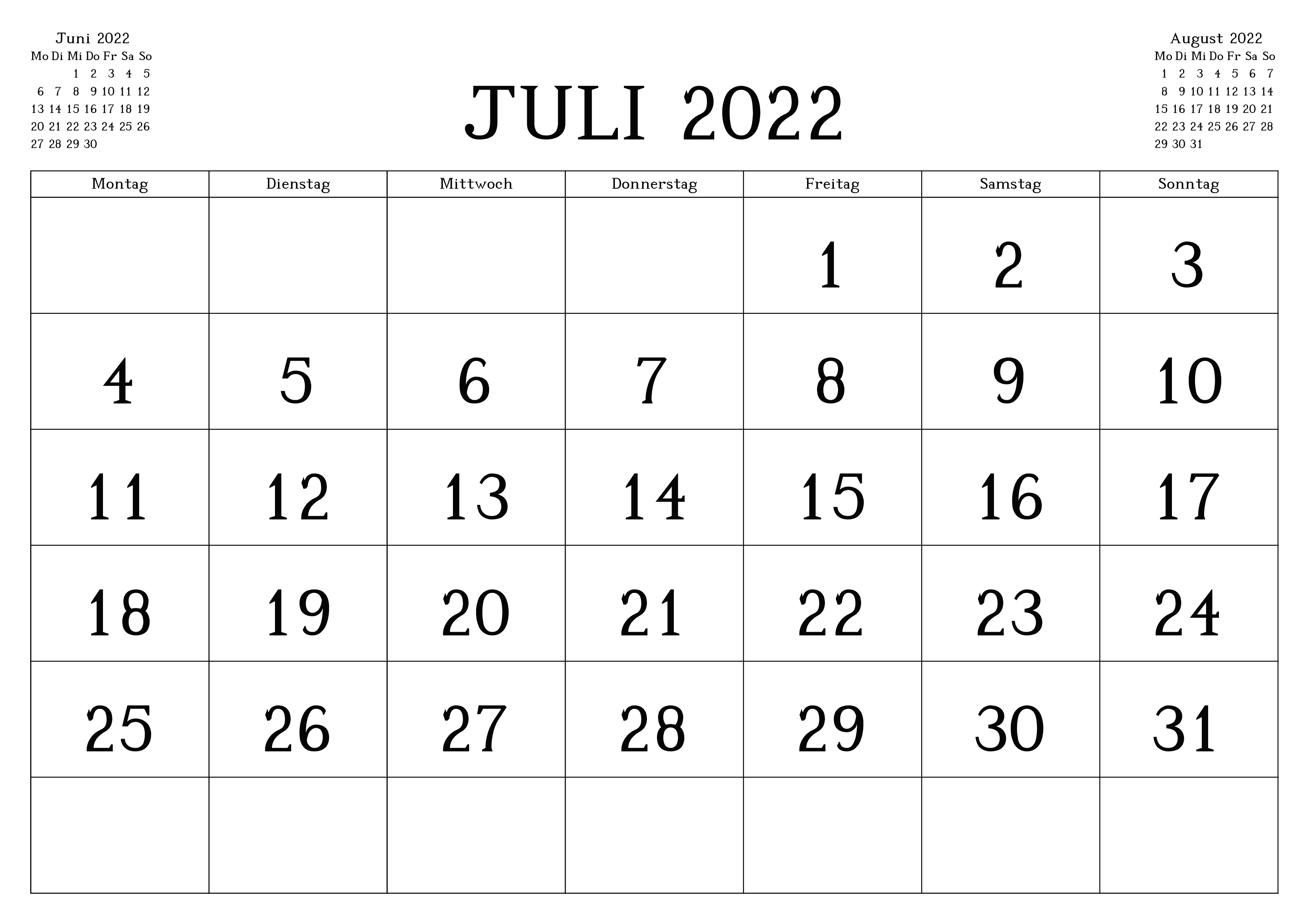 Kalender Juli 2022 Zum Ausdrucken