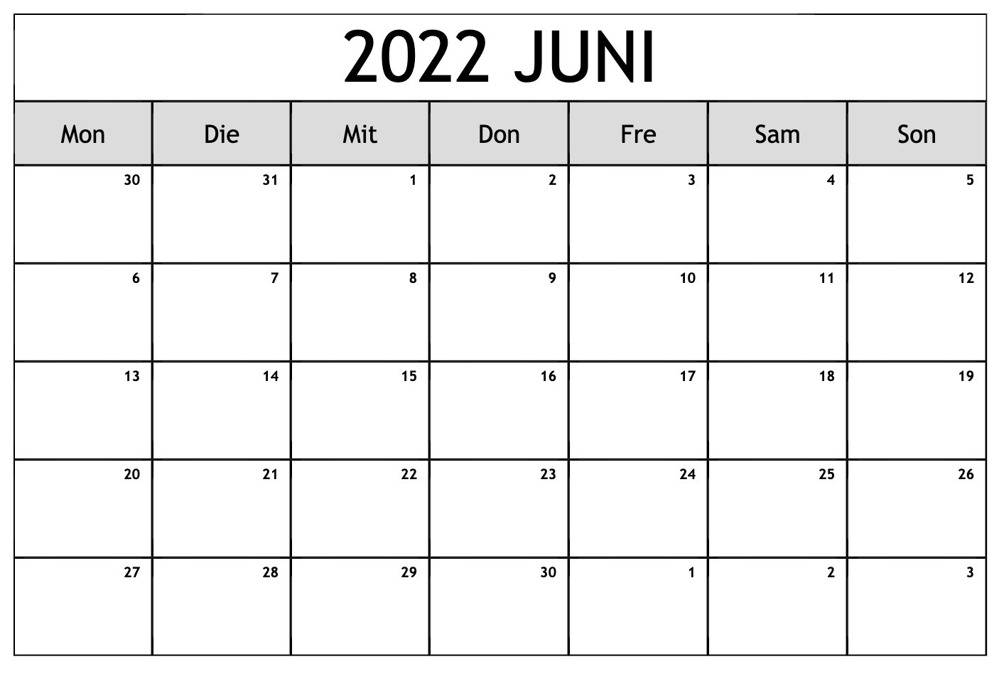 Kalender Juni 2022 Mit Feiertagen