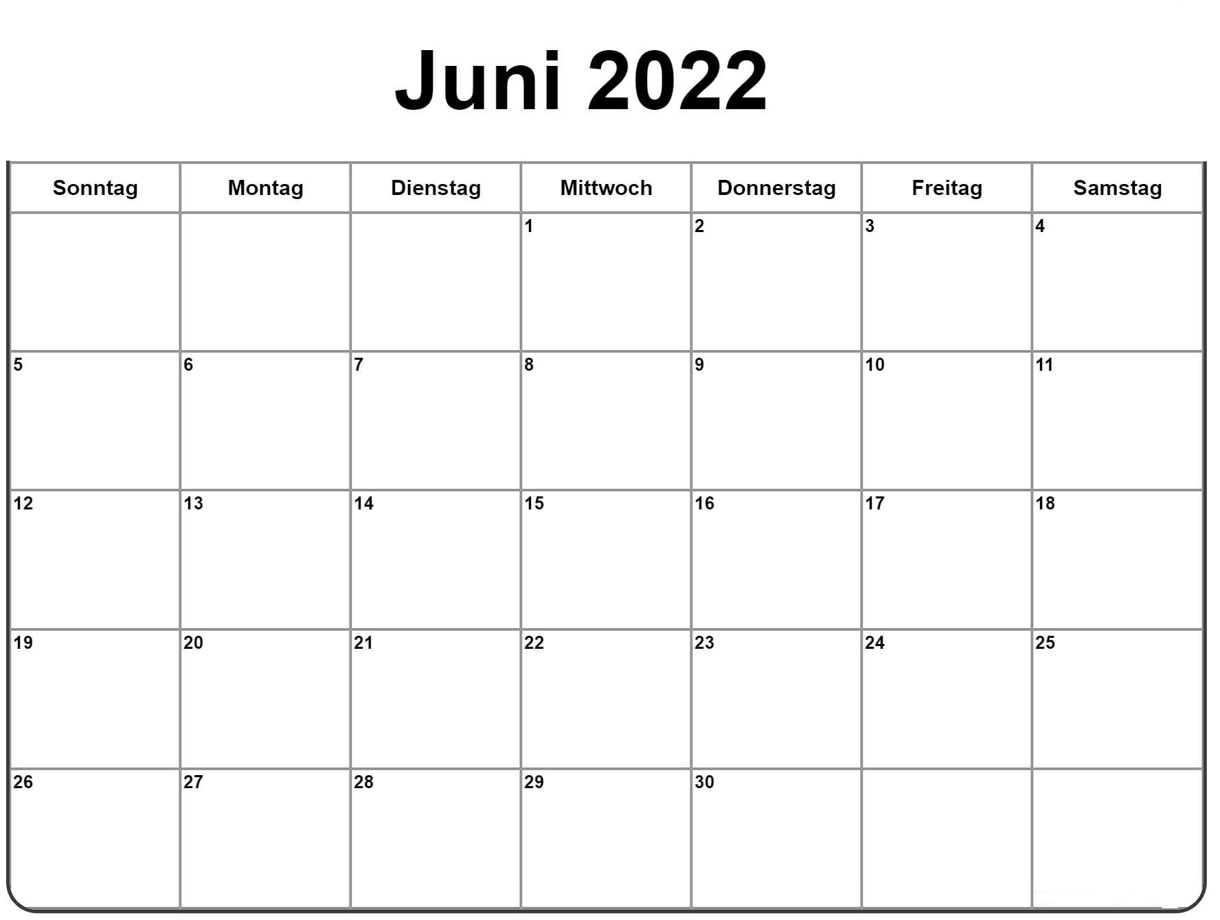 Kalender Juni 2022 Zum Ausdrucken