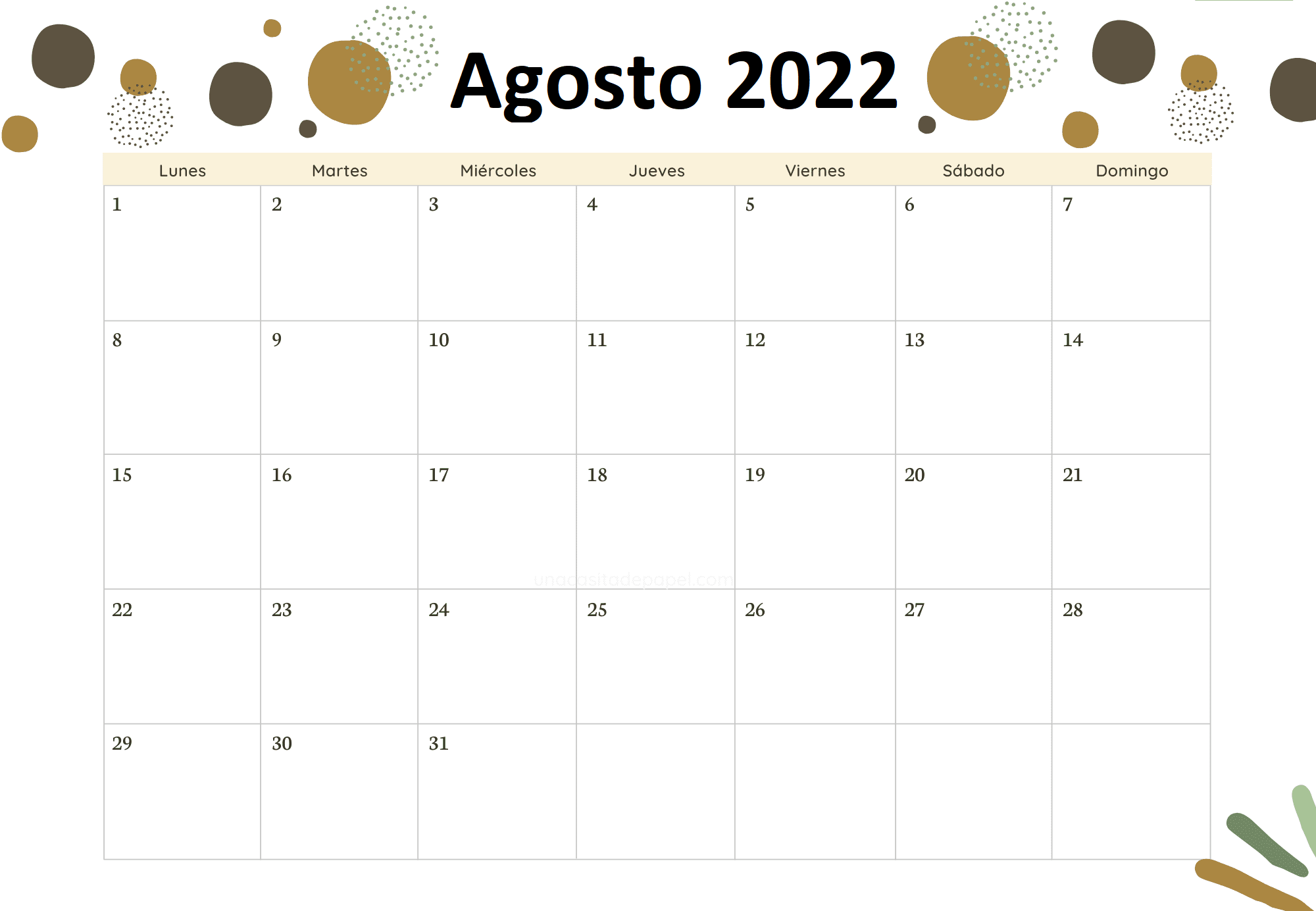 2022 Calendário Agosto