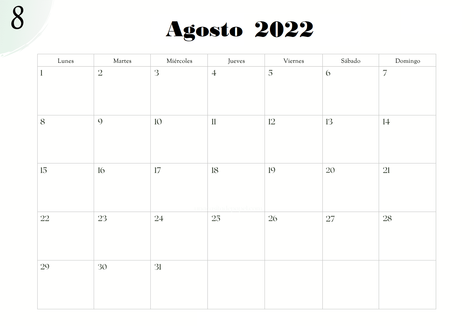 2022 Calendario Agosto Para Imprimir