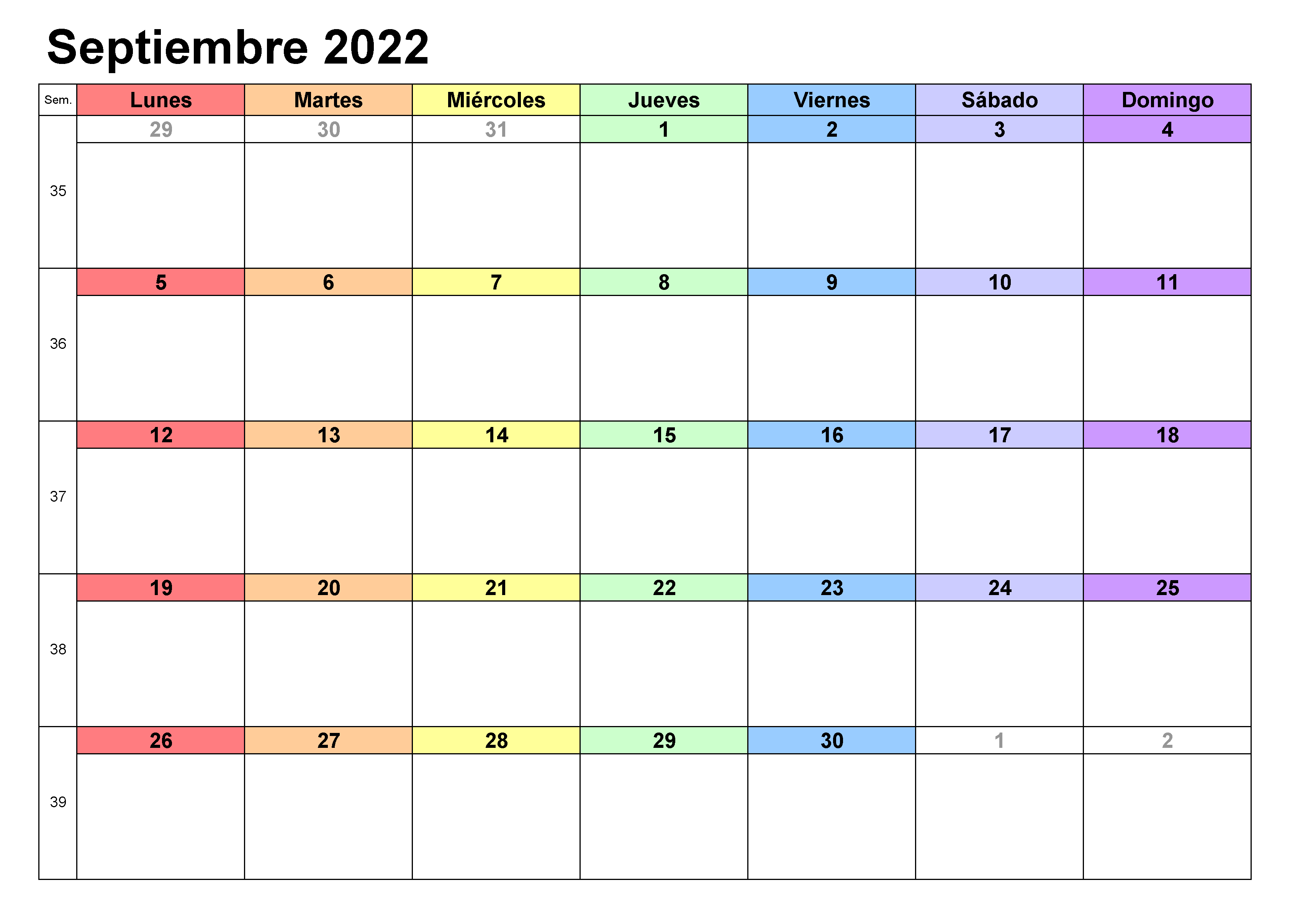 2022 Calendario Septiembre