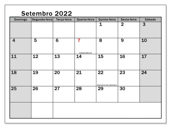 2022 Calendário Setembro