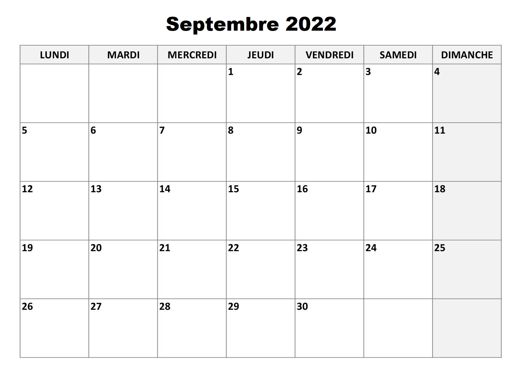 2022 Calendrier Septembre