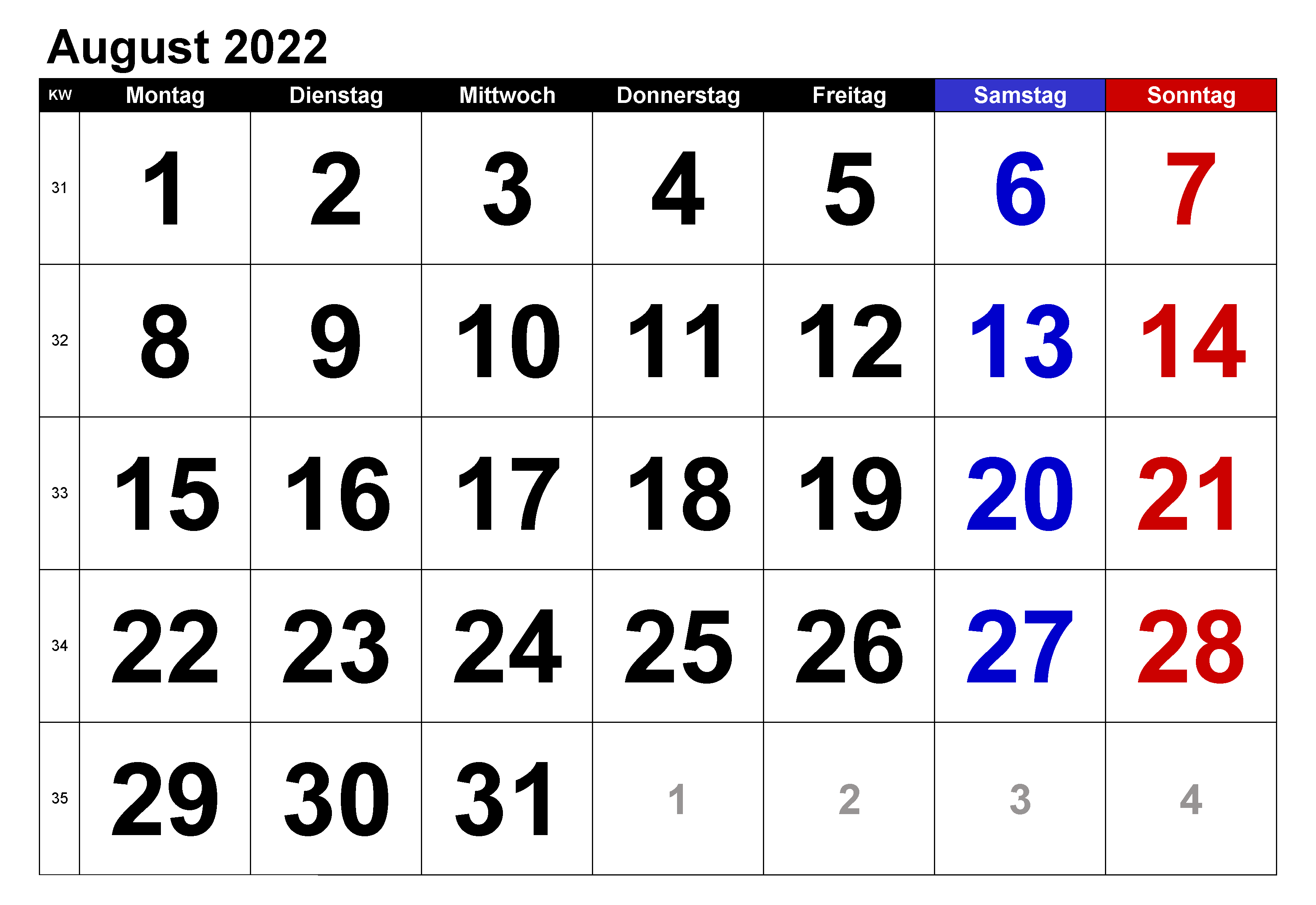 2022 Kalender August Mit Feiertagen