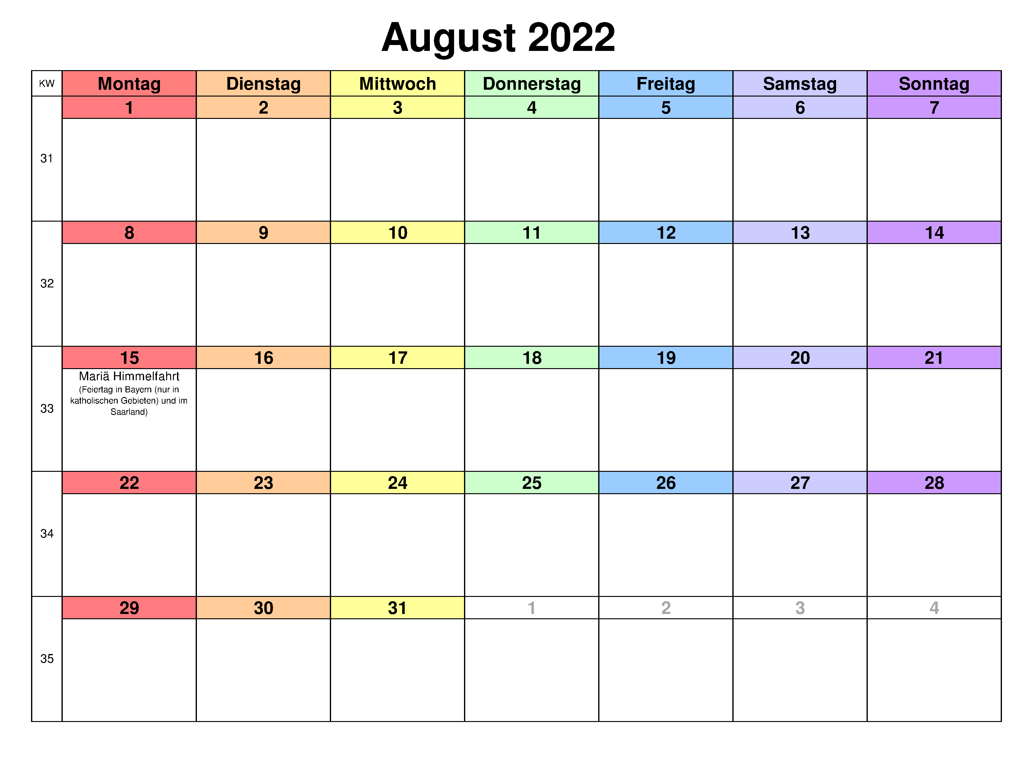 2022 Kalender August Zum Ausdrucken