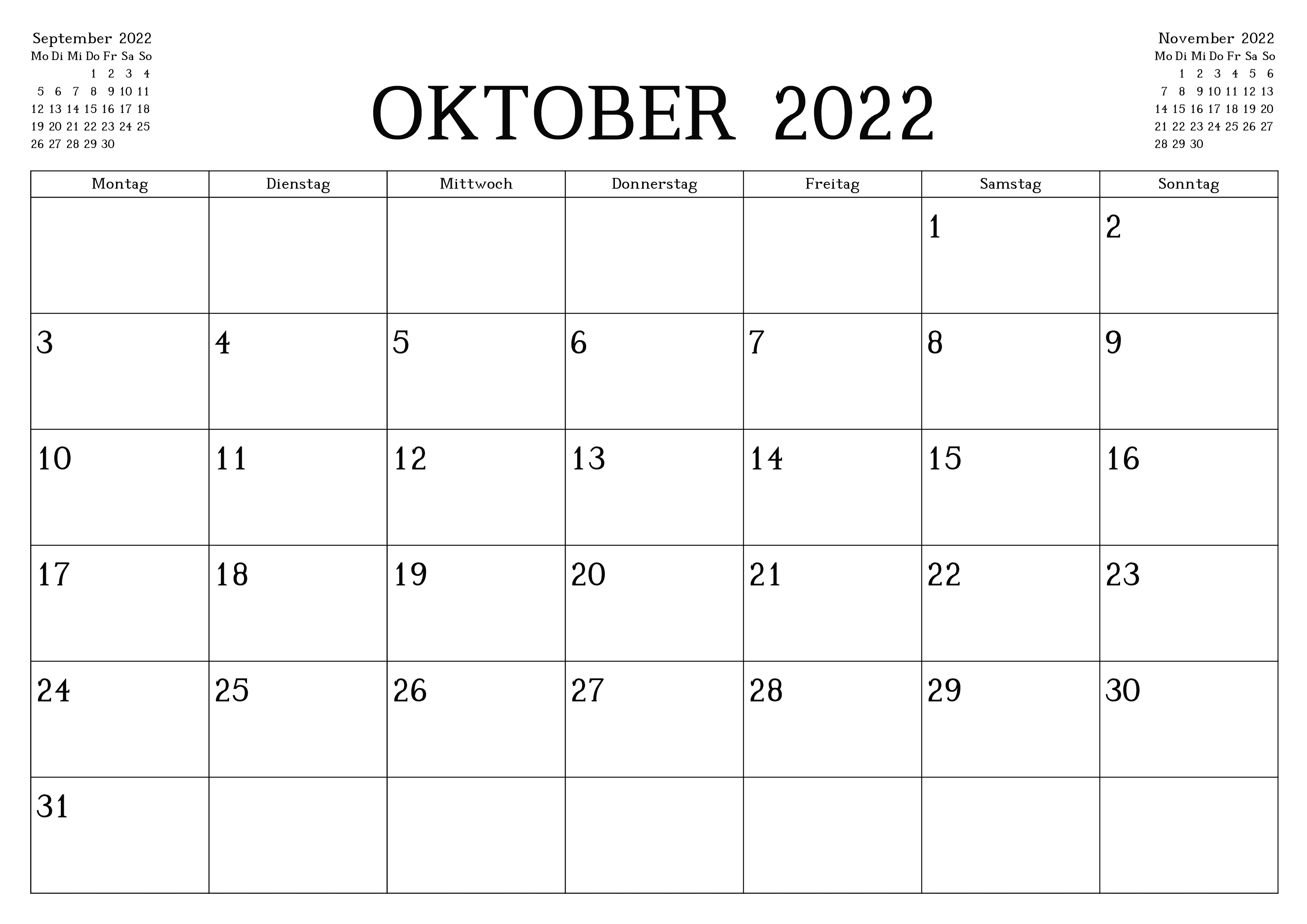 2022 Kalender Oktober