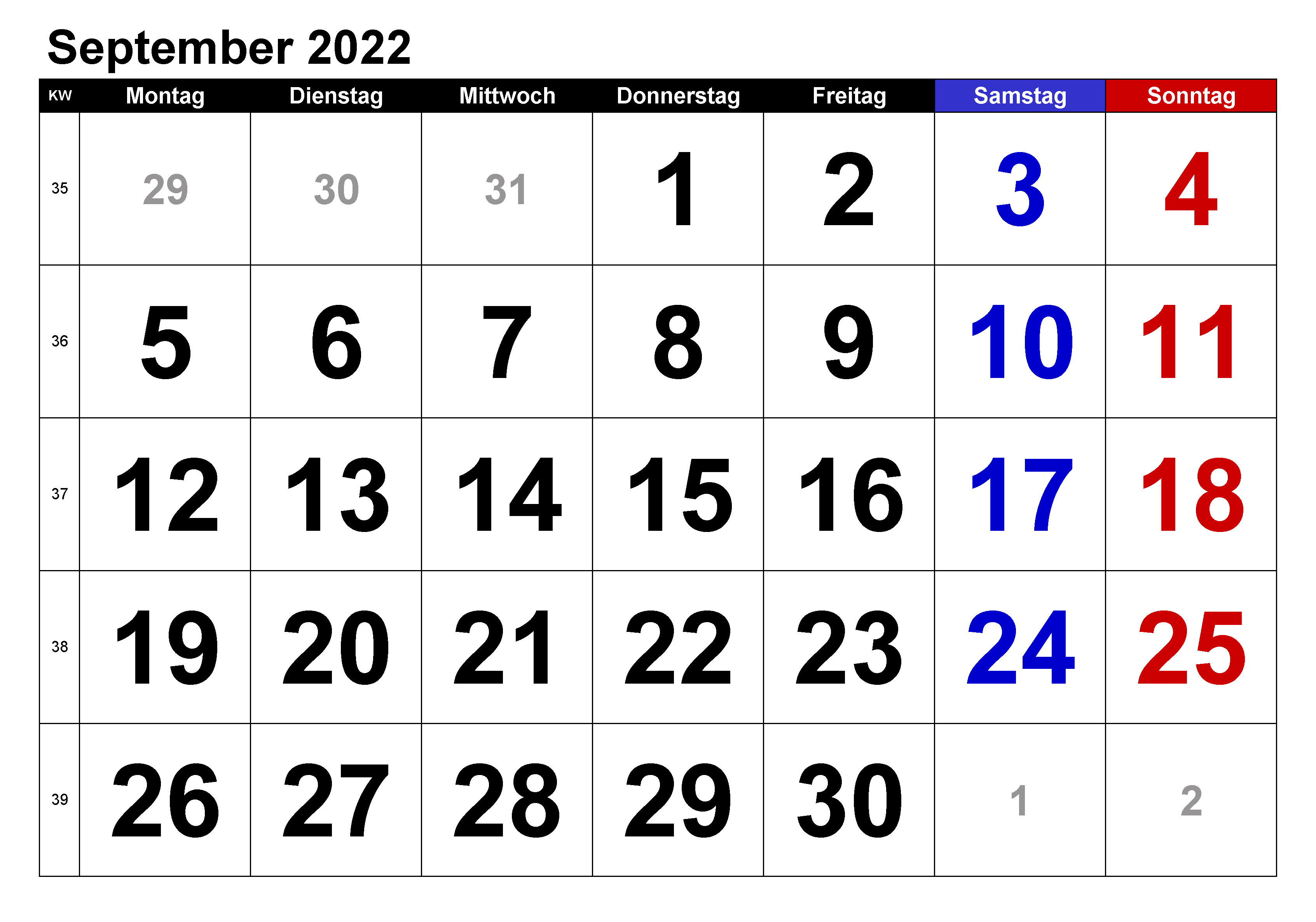 2022 Kalender September Zum Ausdrucken