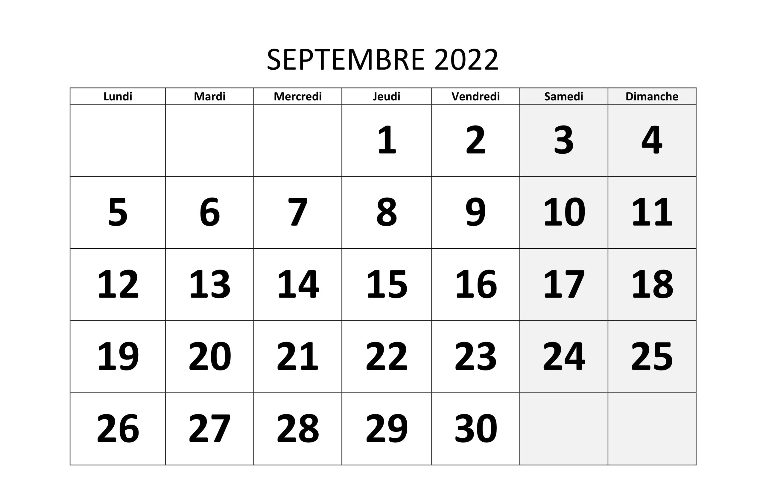 Blanc Septembre Calendrier 2022