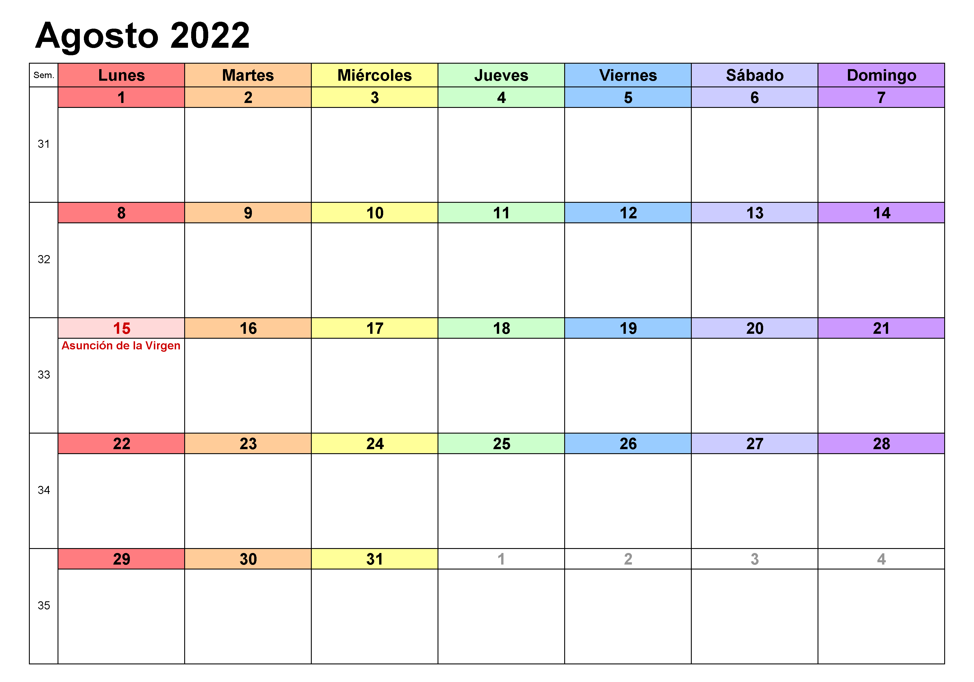 Calendario 2022 Agosto Argentina