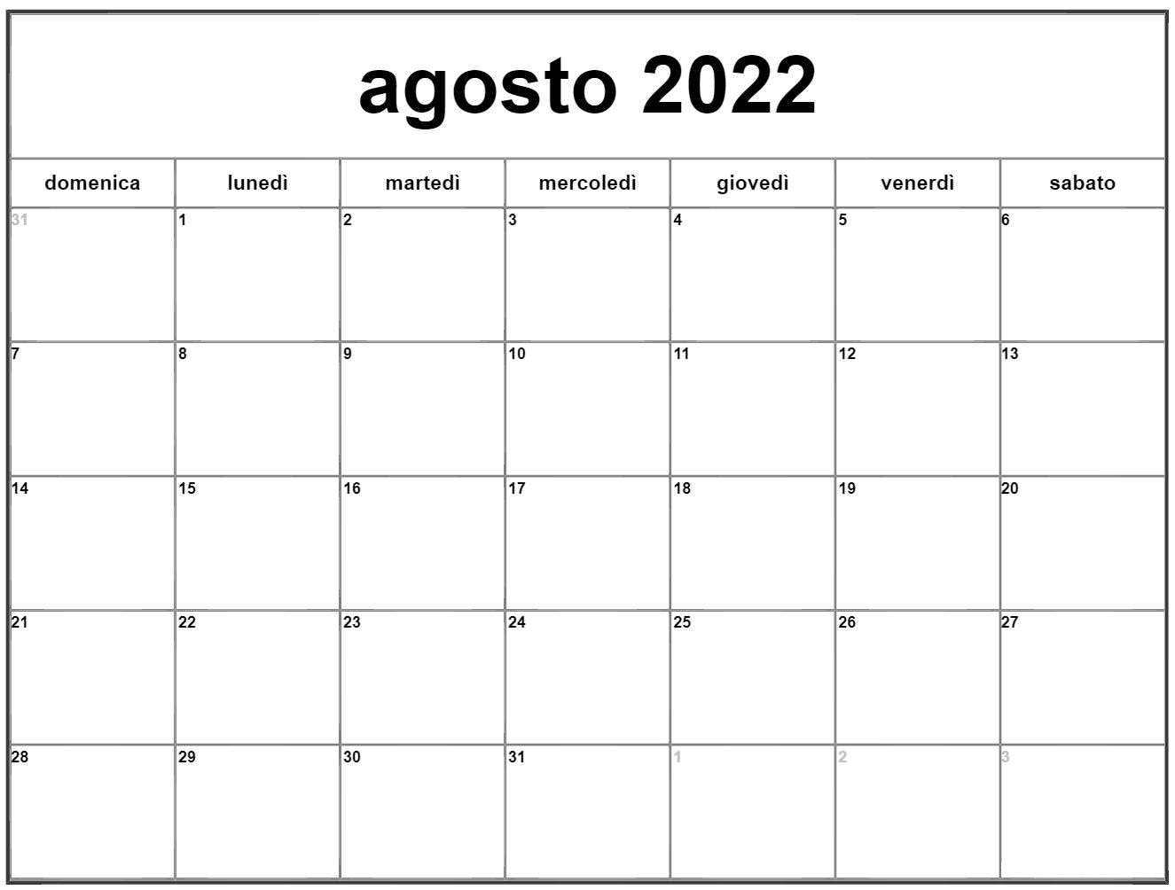 Calendario 2022 Agosto