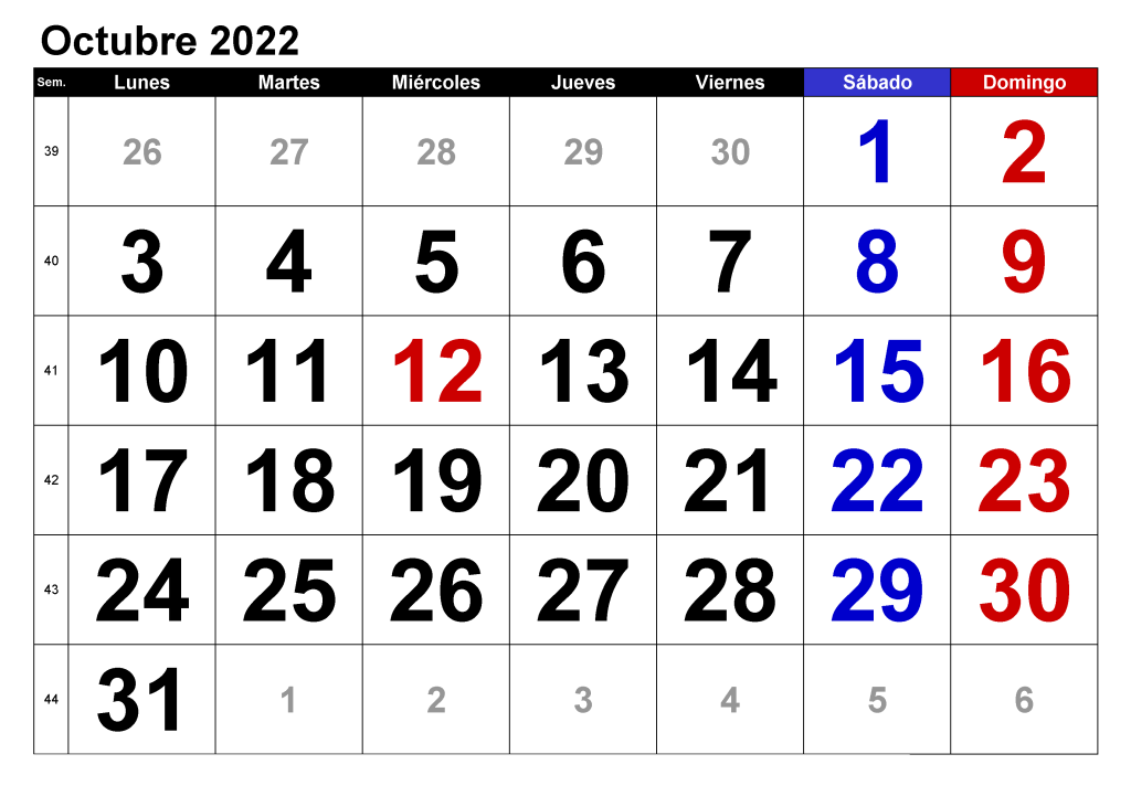 Calendario Octubre 2022 Planificador - Docalendario