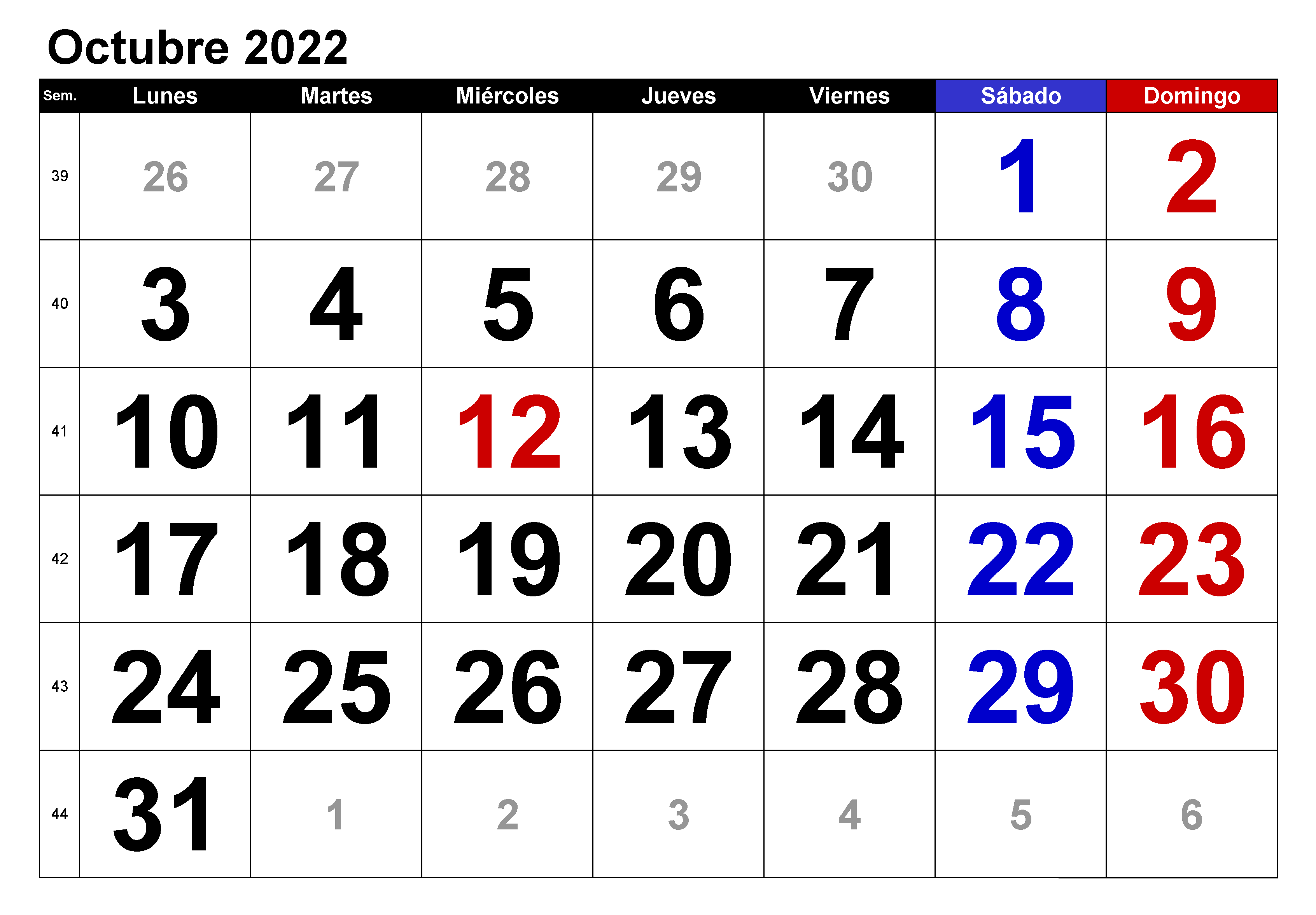 Calendario 2022 Octubre