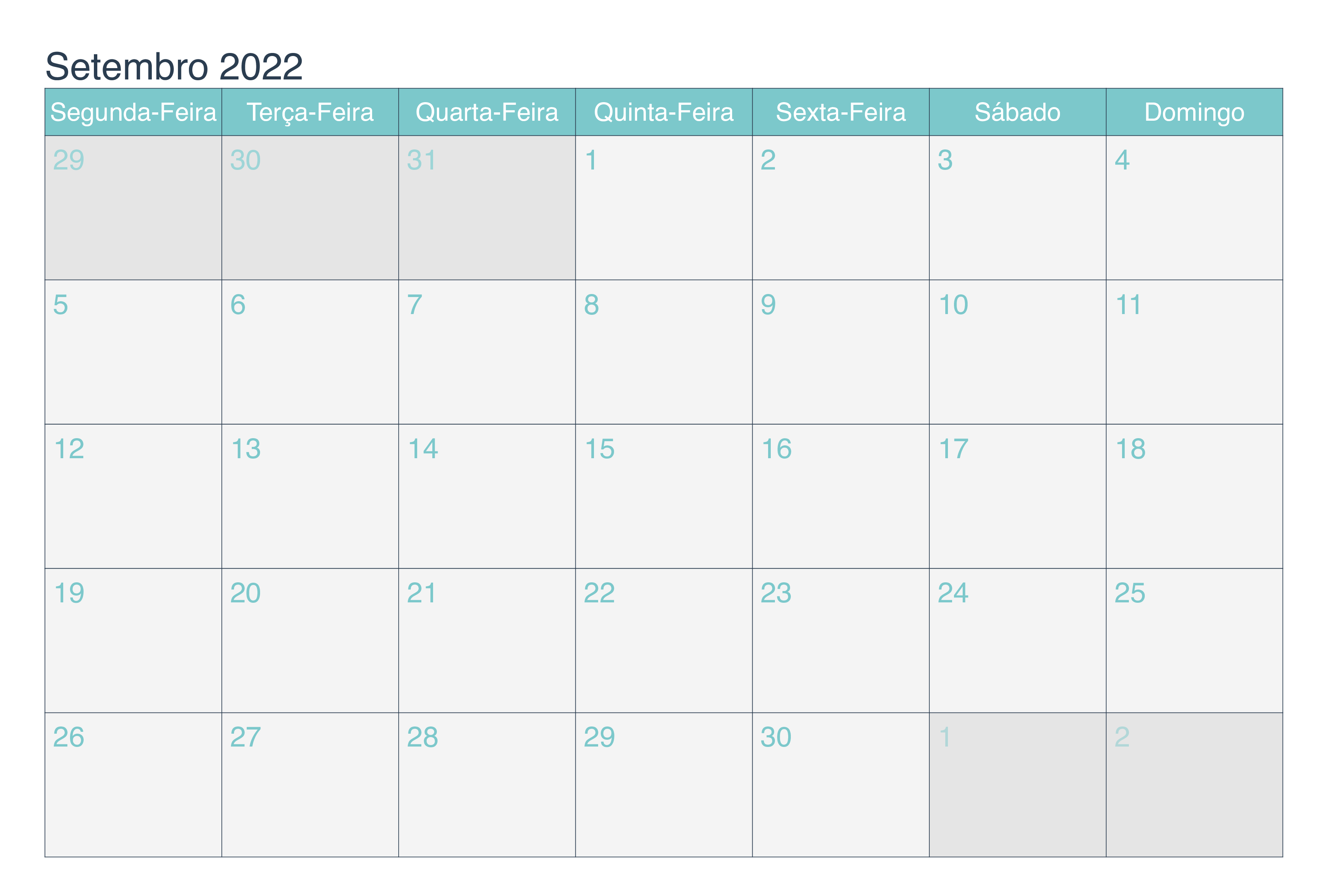 Calendário 2022 Setembro Imprimir