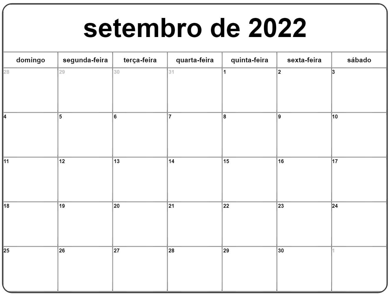 Calendário 2022 Setembro Mês