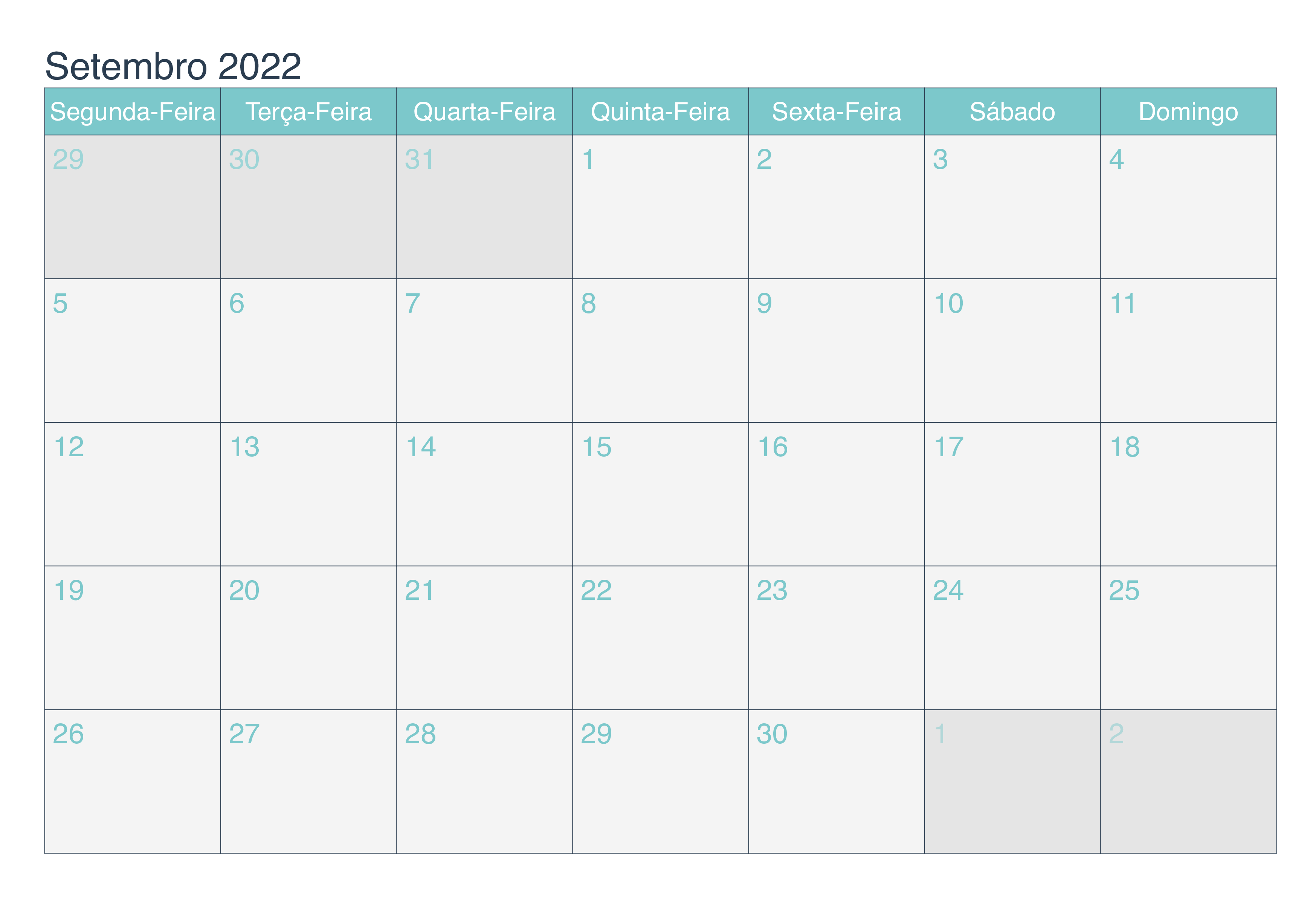 Calendário 2022 Setembro Notas