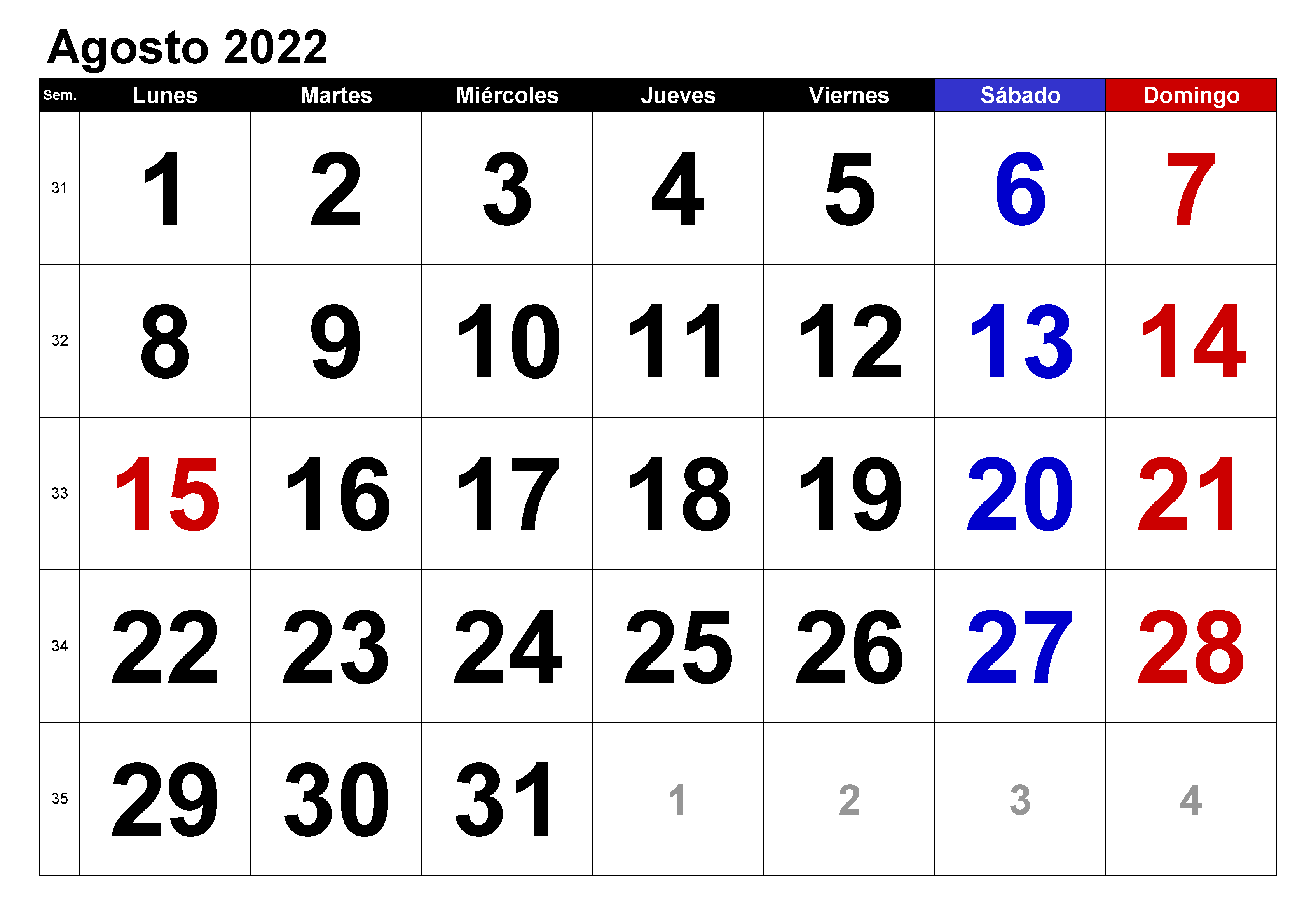 Calendario Agosto 2022 Chile