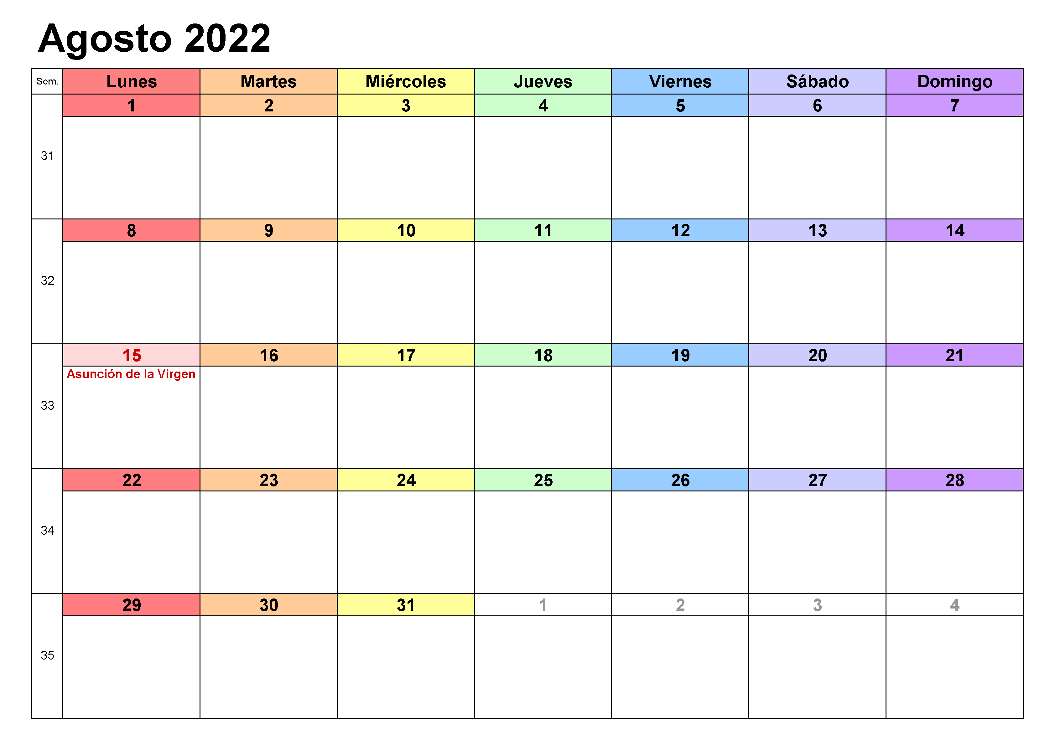 Calendario Agosto 2022 Con Festivos
