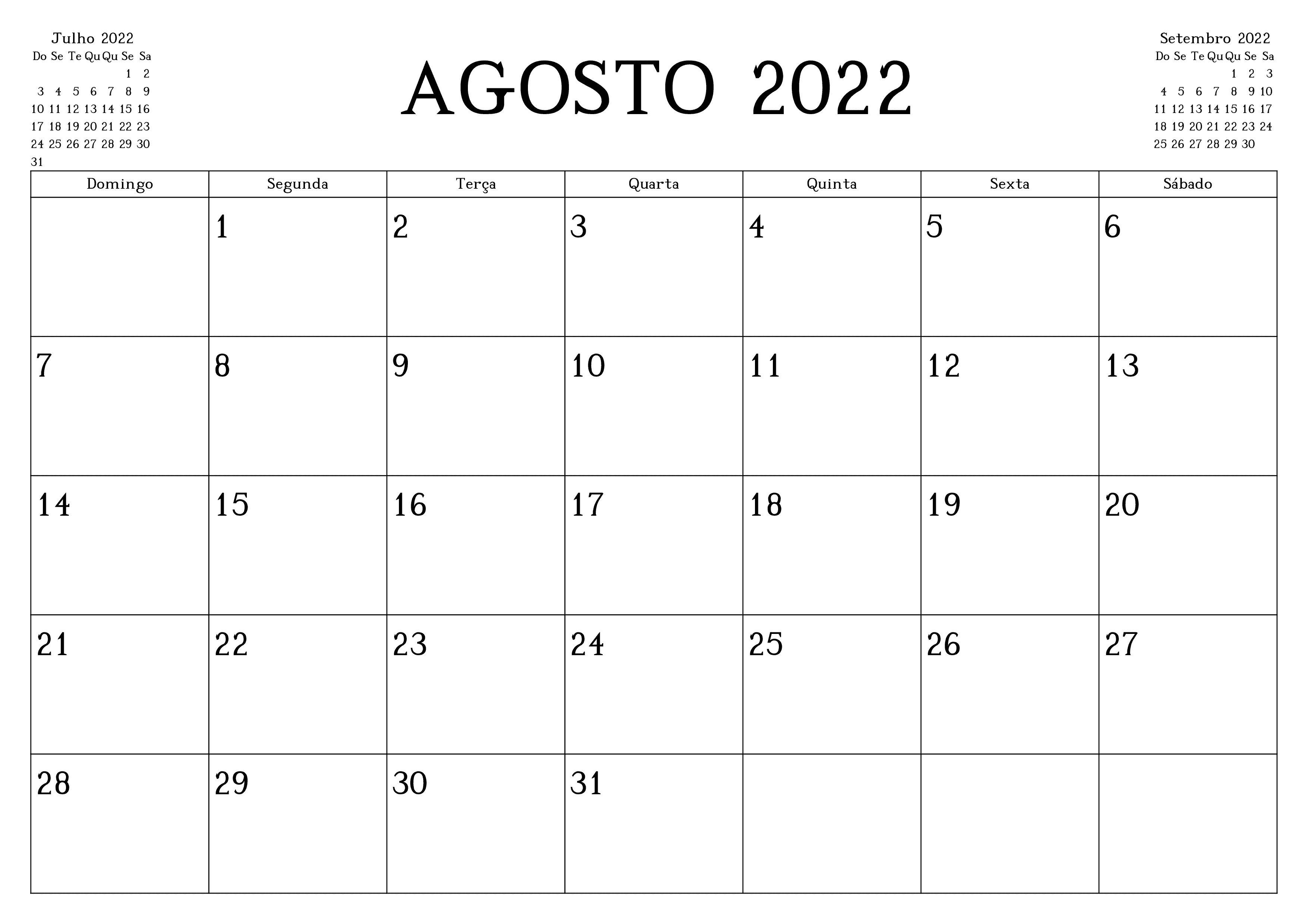 Calendário Agosto 2022 Para Imprimir