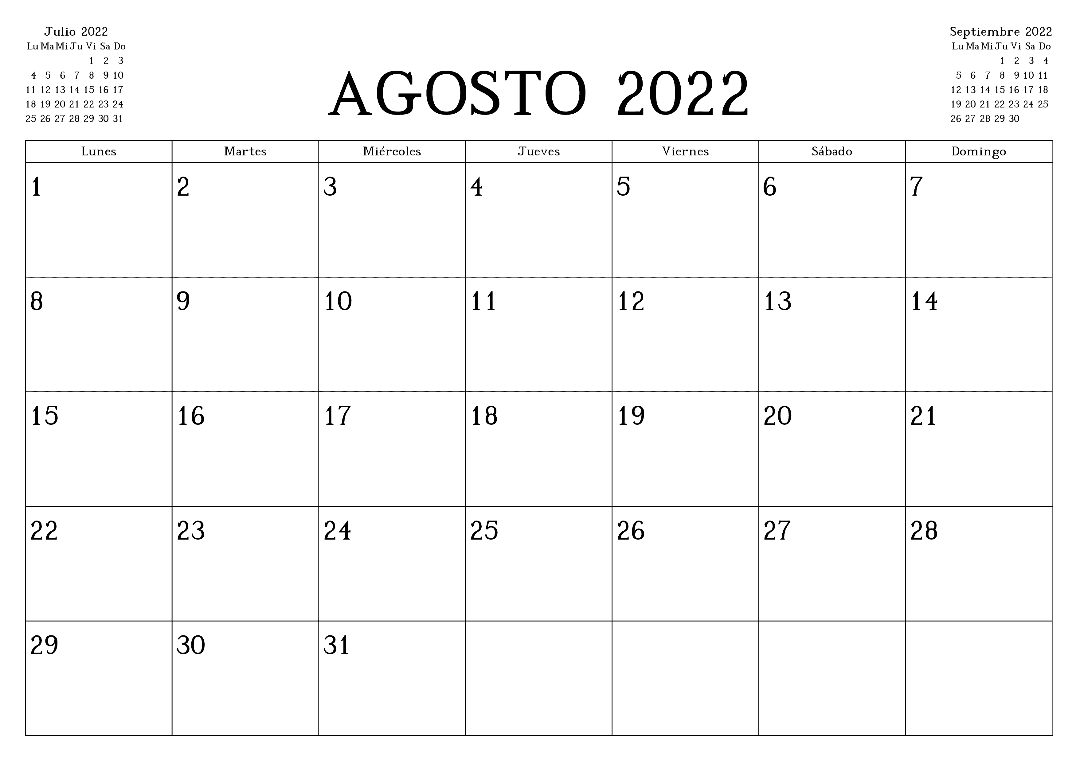 Calendario Agosto 2022