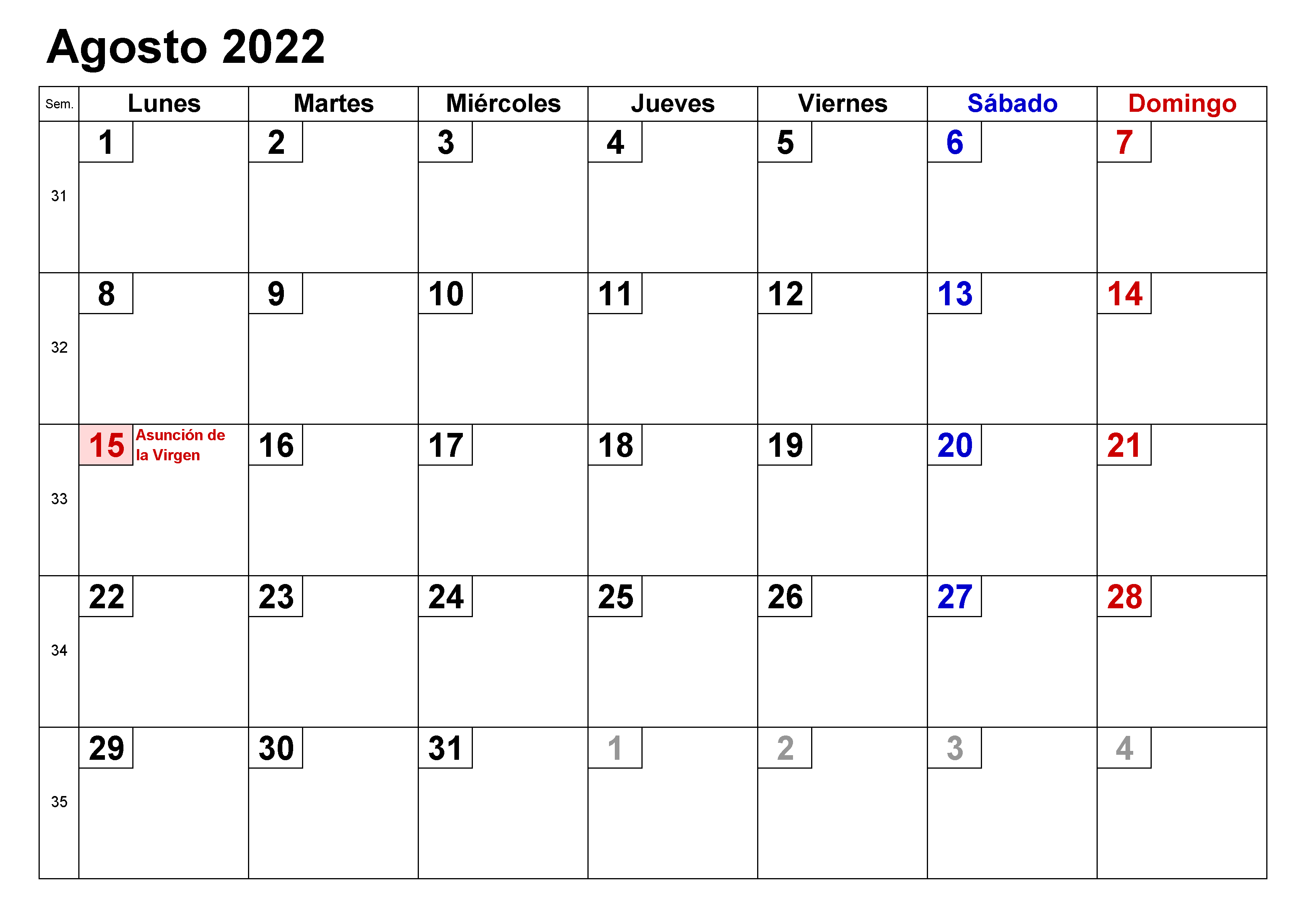 Calendario Agosto Con Festivos 2022