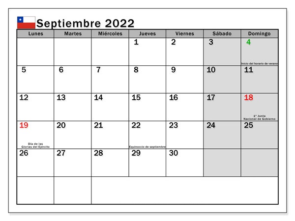Calendario Septiembre 2022 Chile Mensual