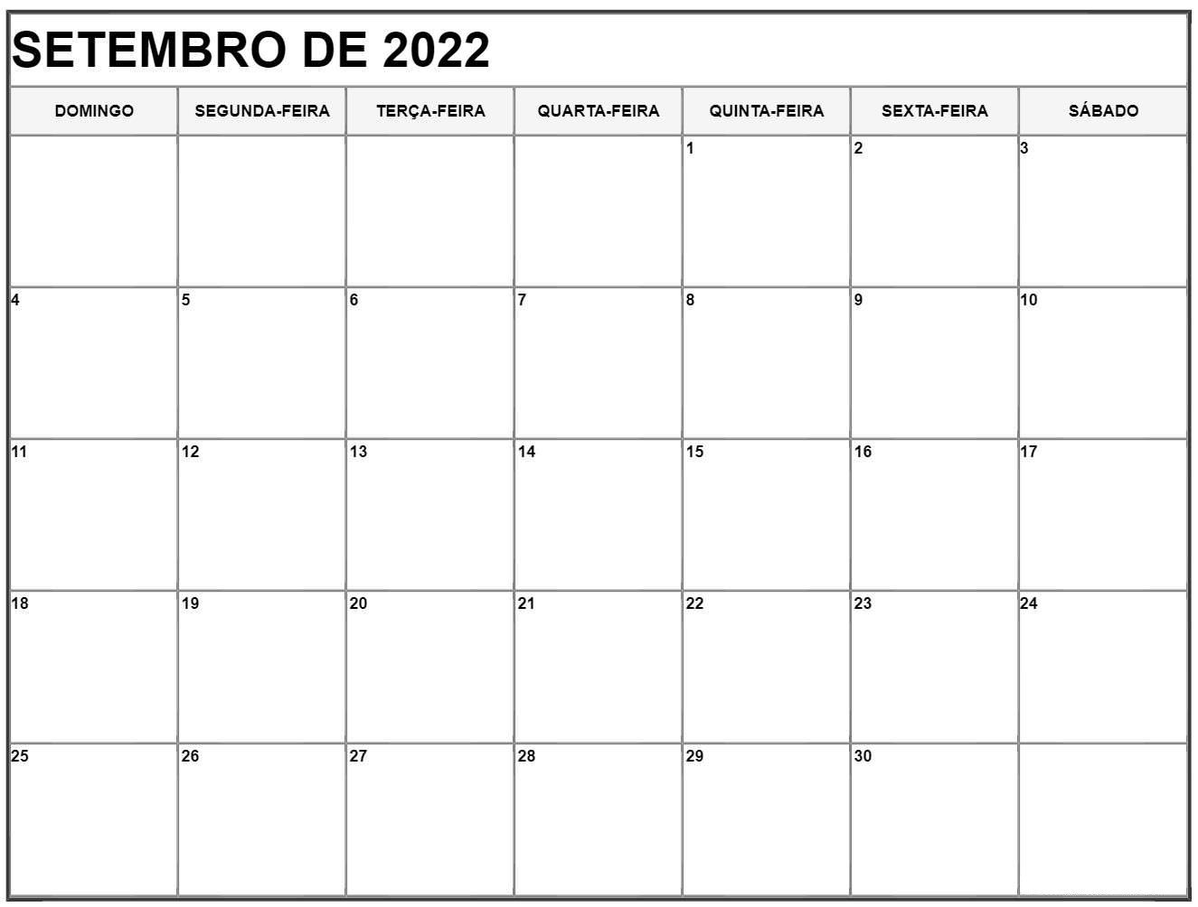 Calendário Setembro 2022 Imprimir