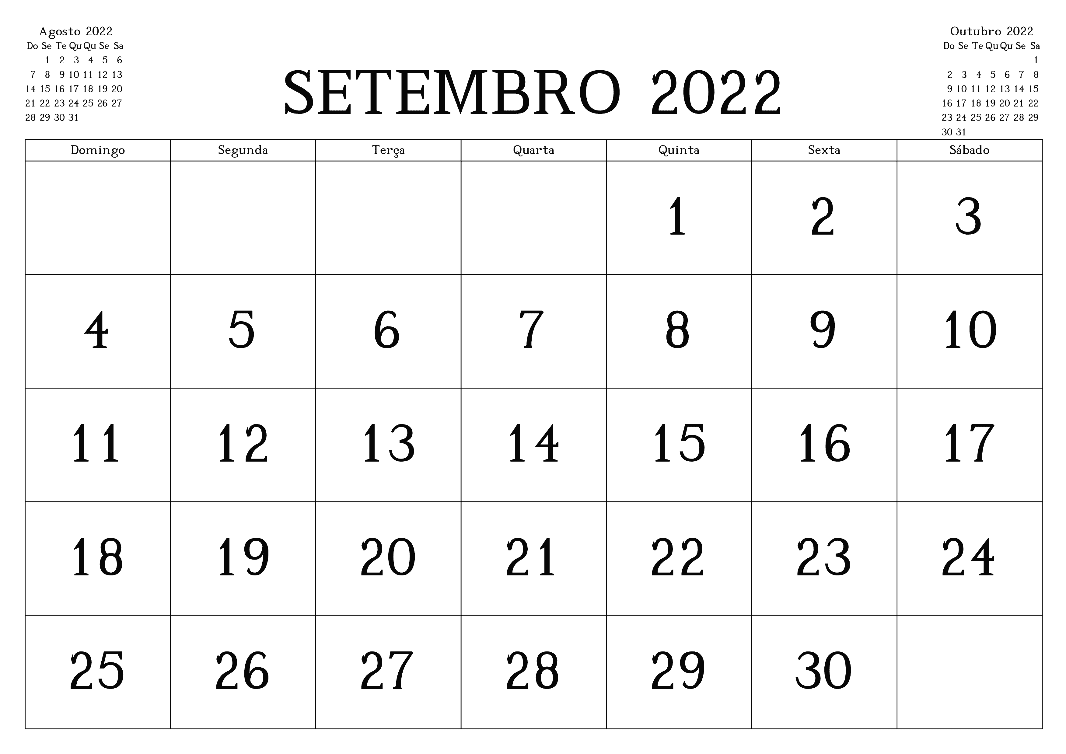 Calendário Setembro 2022 Para Imprimir