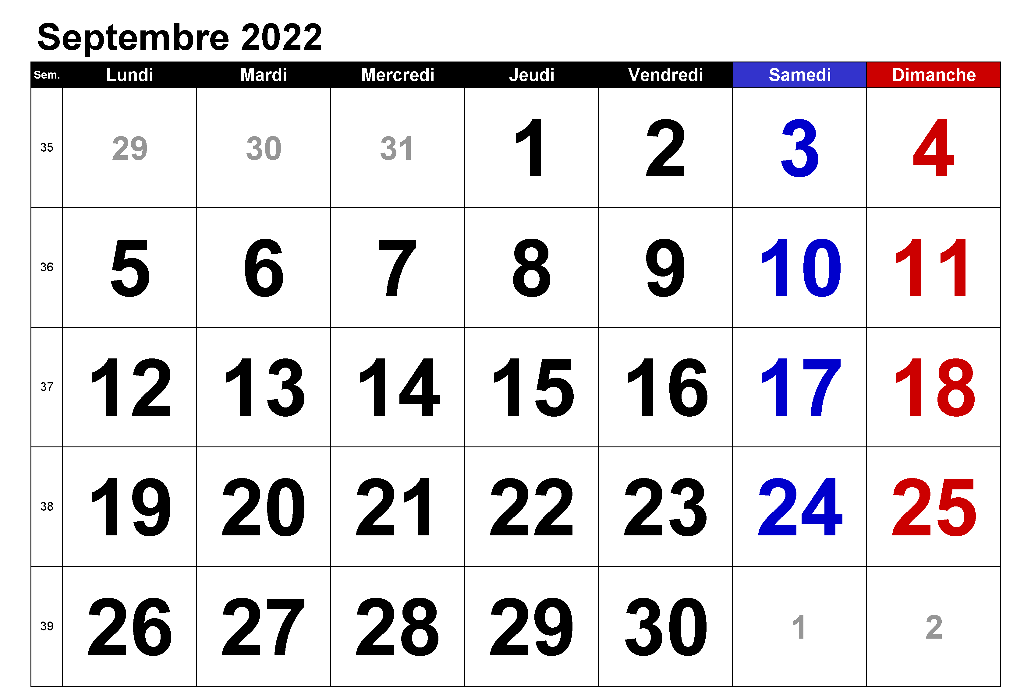 Calendrier 2022 Septembre