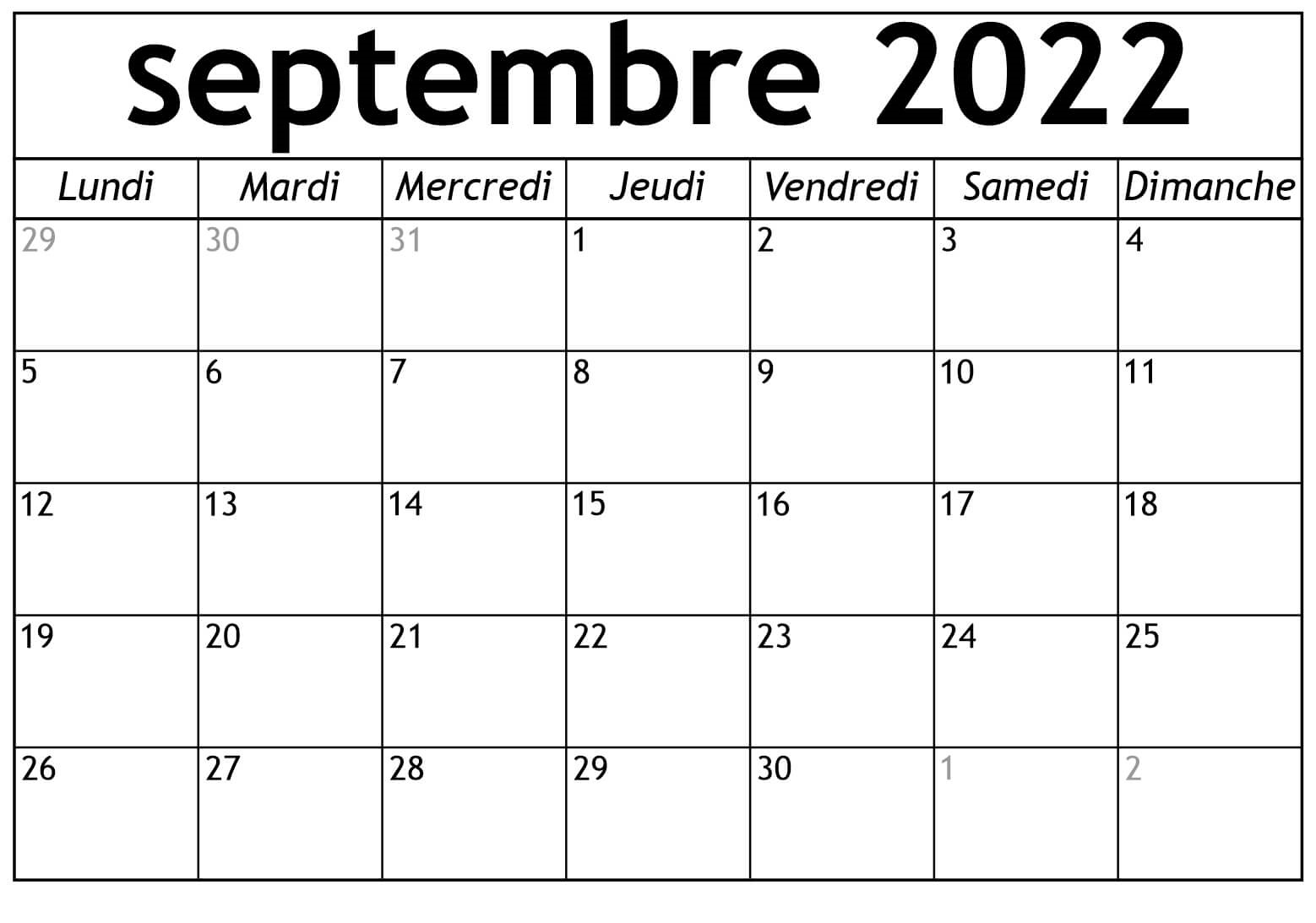 Calendrier 2022 Septembre Blanc