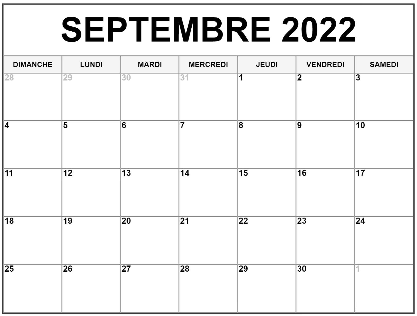 Calendrier Septembre 2022 À Imprimer Vacances