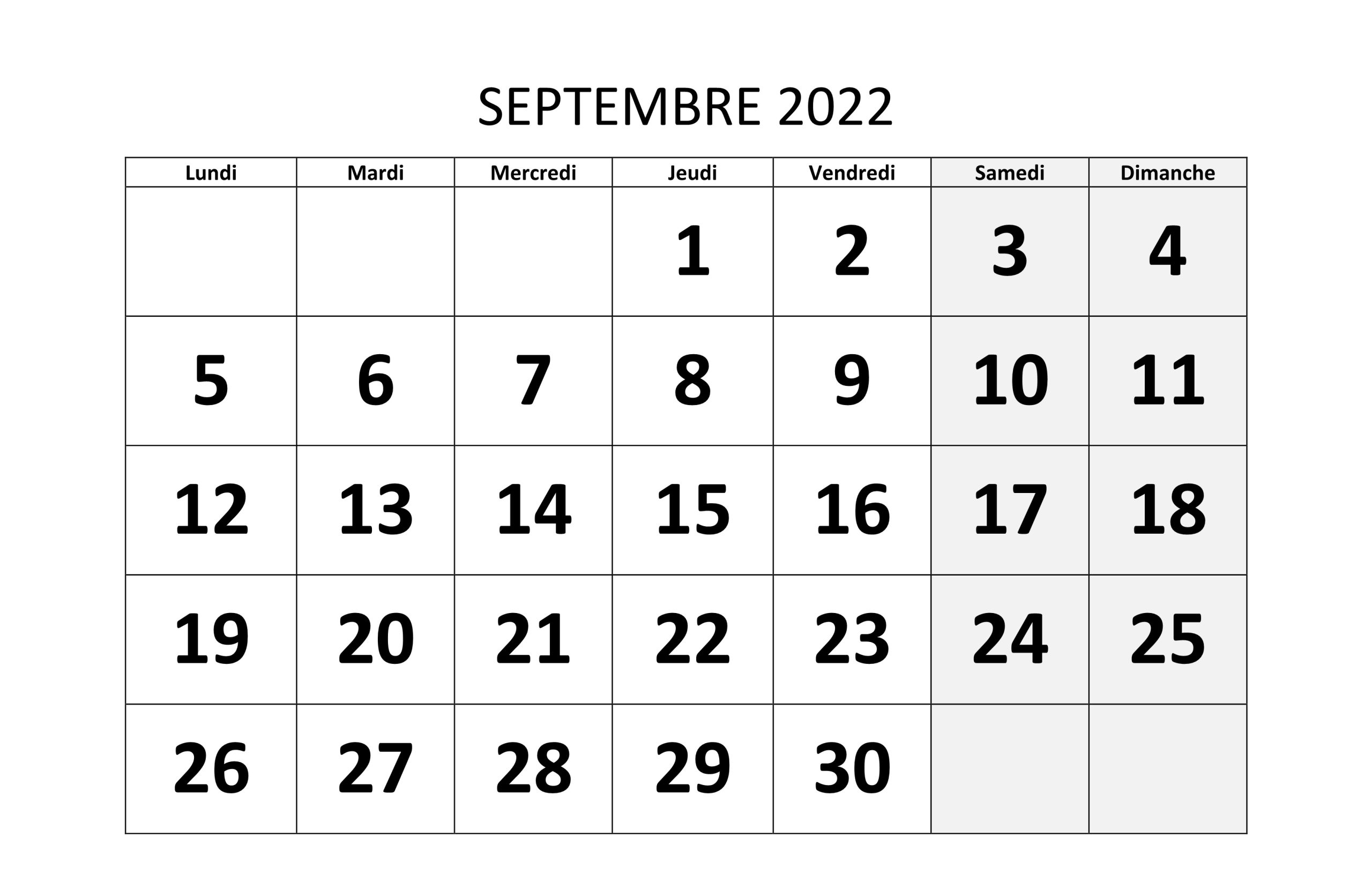 Calendrier Septembre 2022 À Imprimer