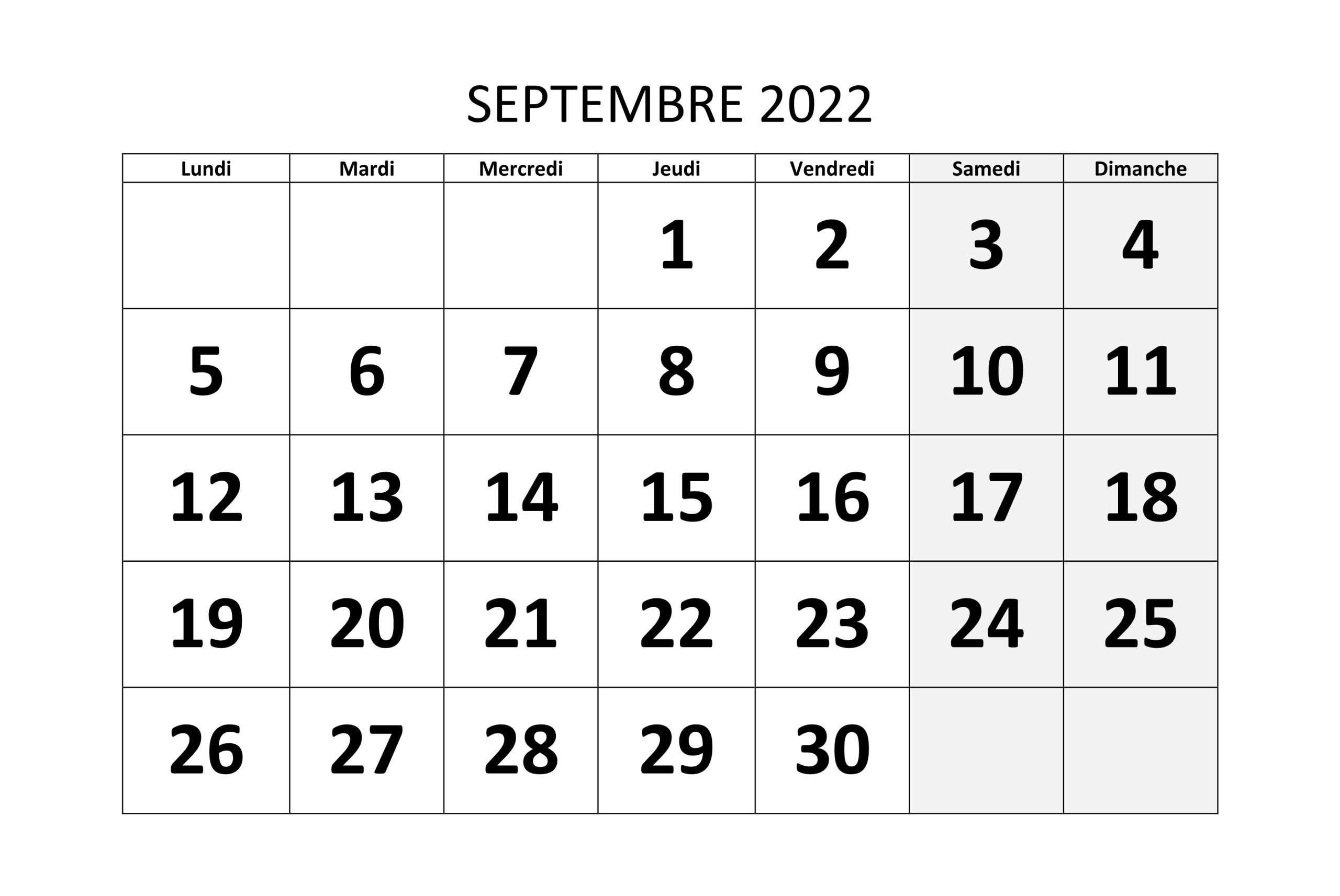 Calendrier Septembre 2022