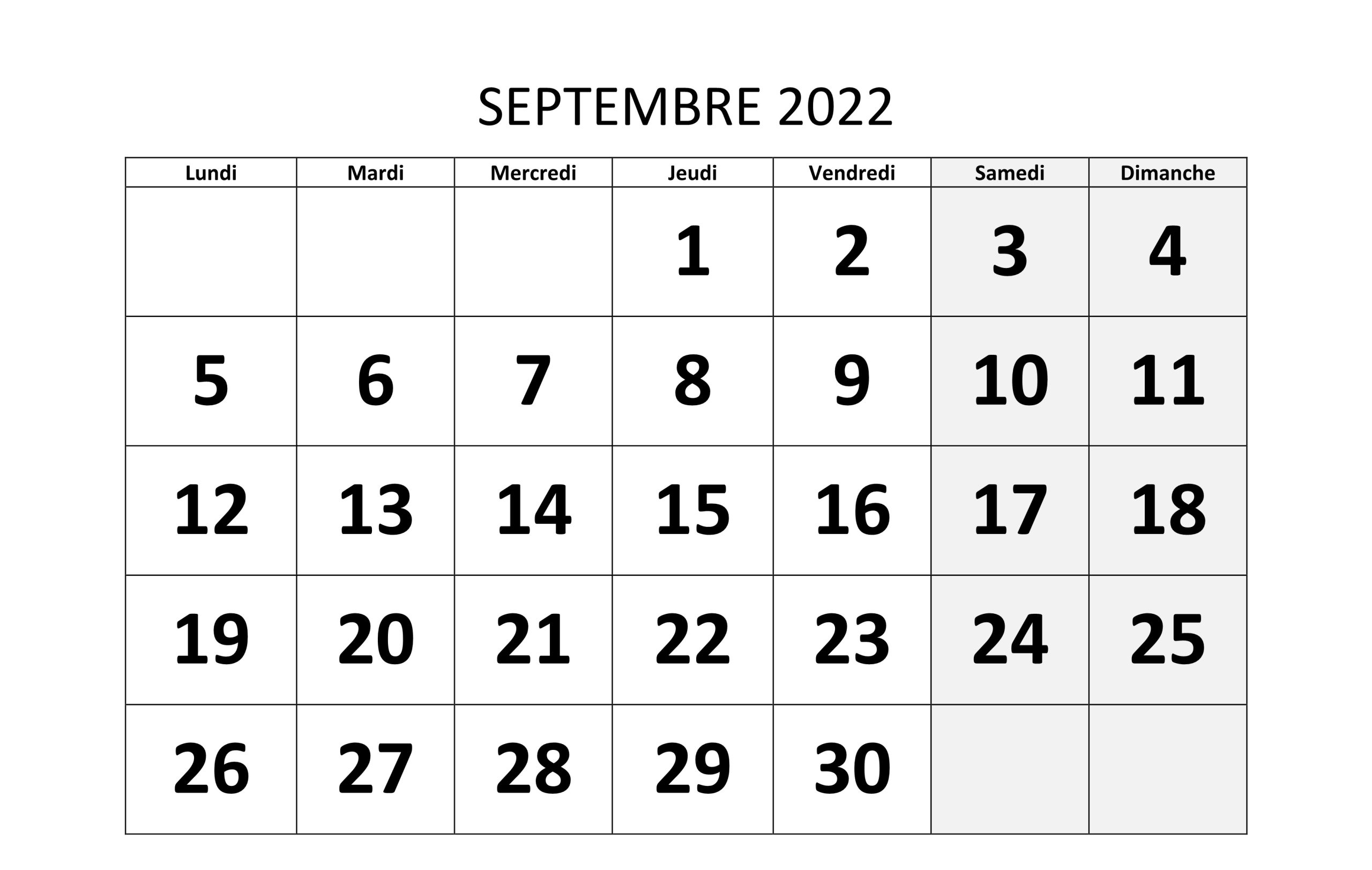 Calendrier Septembre À Imprimer 2022