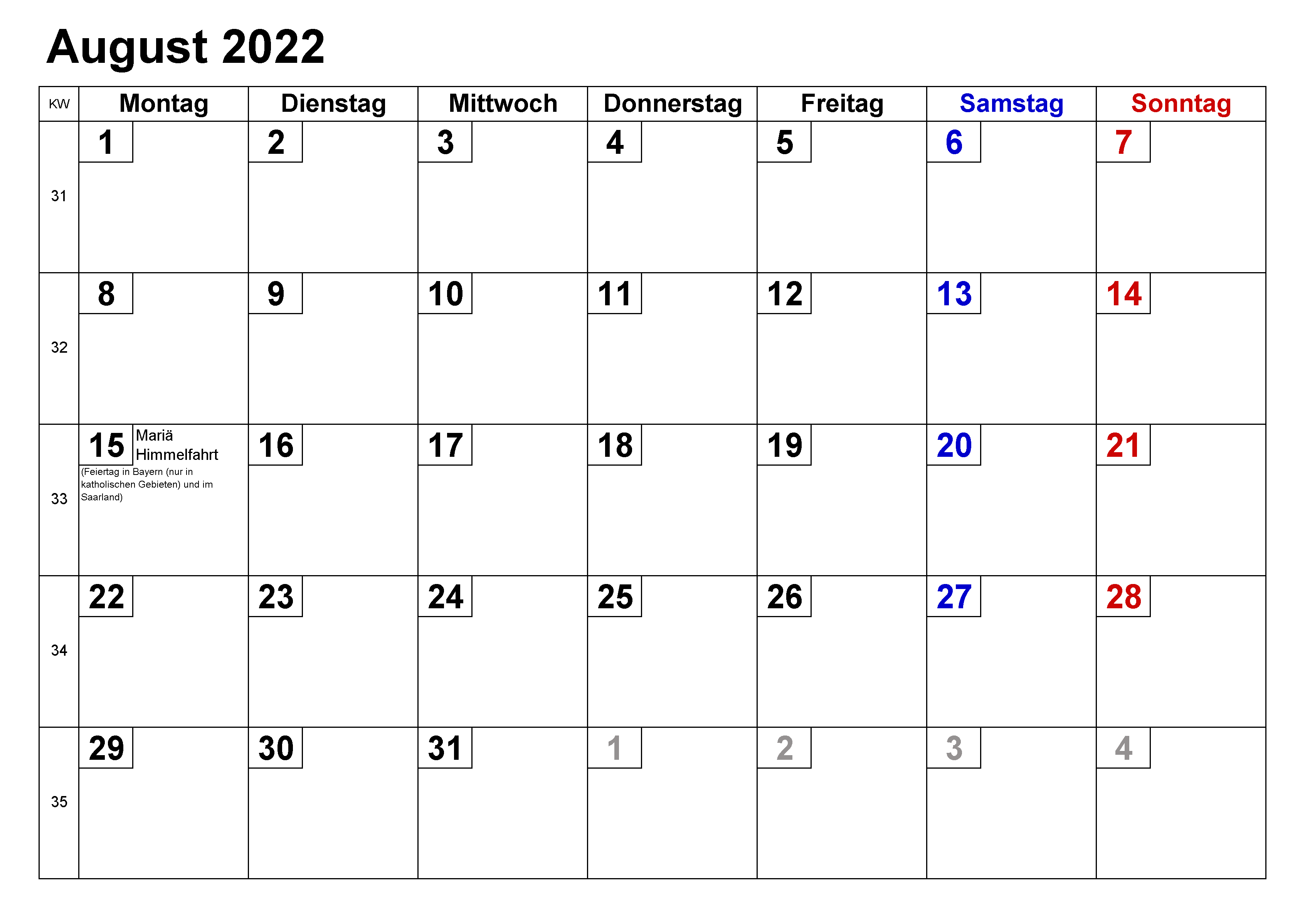 Kalender 2022 August Mit Feiertagen