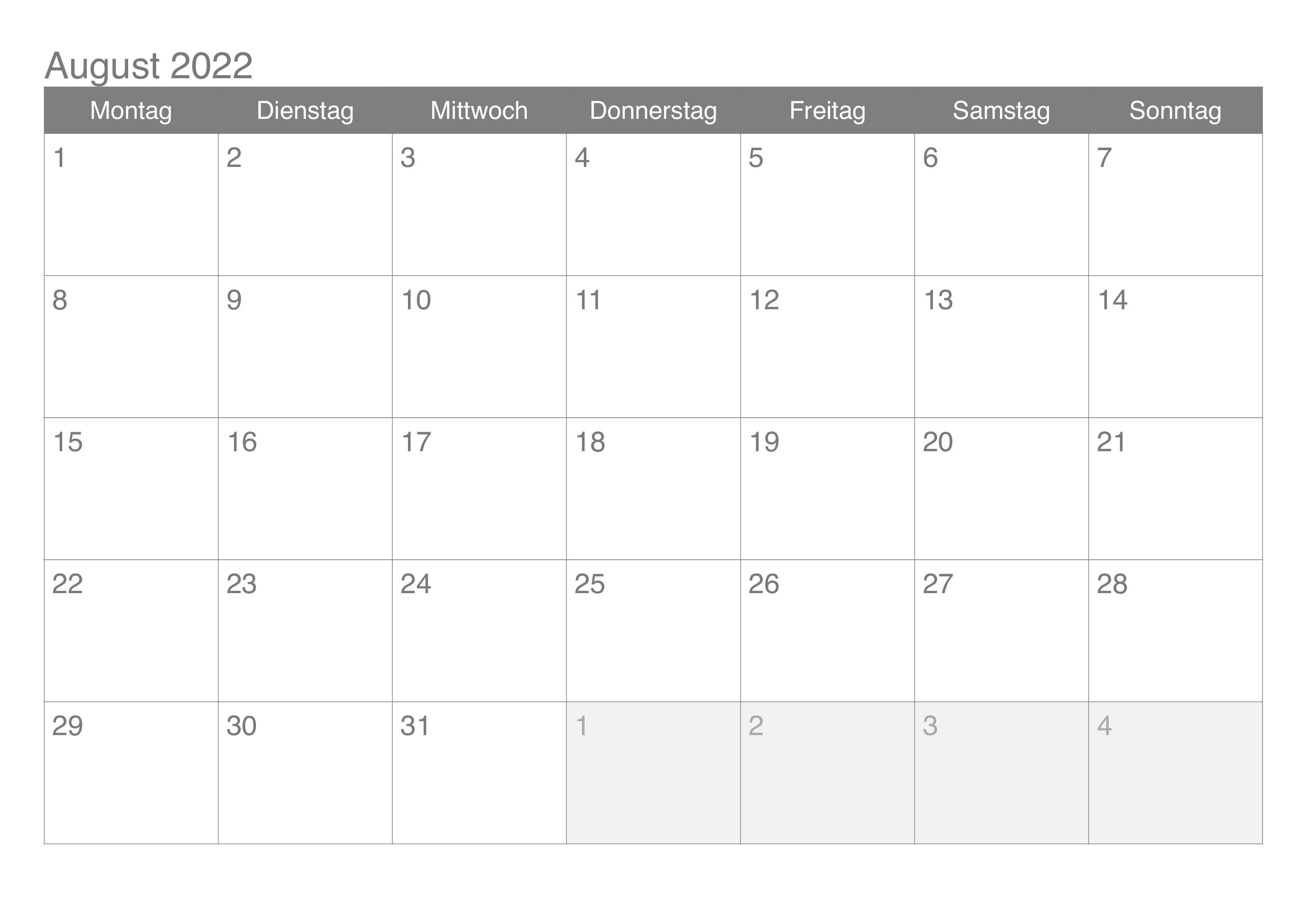 Kalender 2022 August Notizen