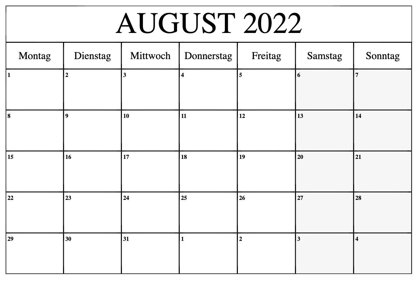 Kalender 2022 August Zum Ausdrucken