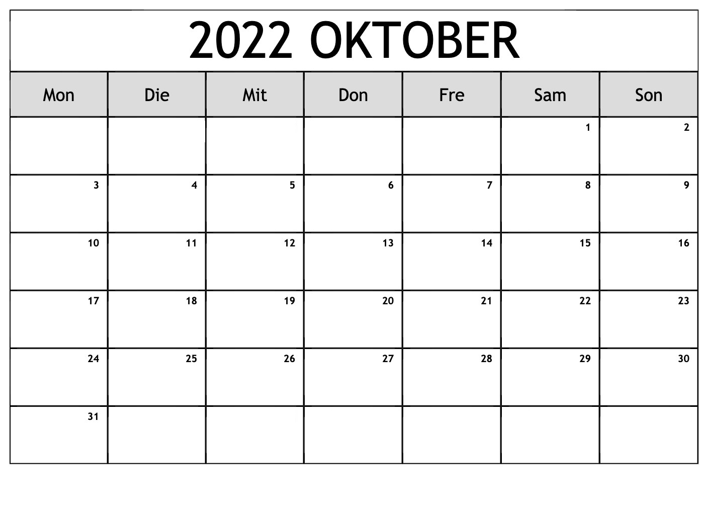 Kalender 2022 Oktober