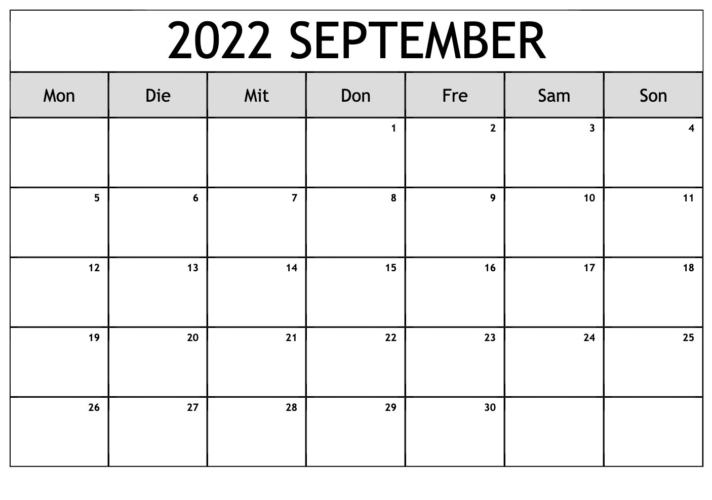 Kalender 2022 September Tabelle