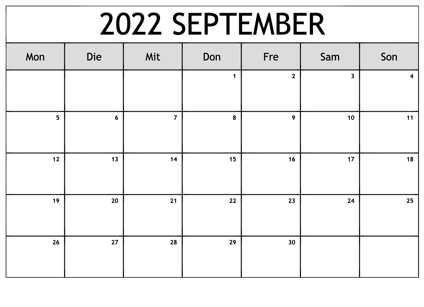 Kalender 2022 September Zum Ausdrucken