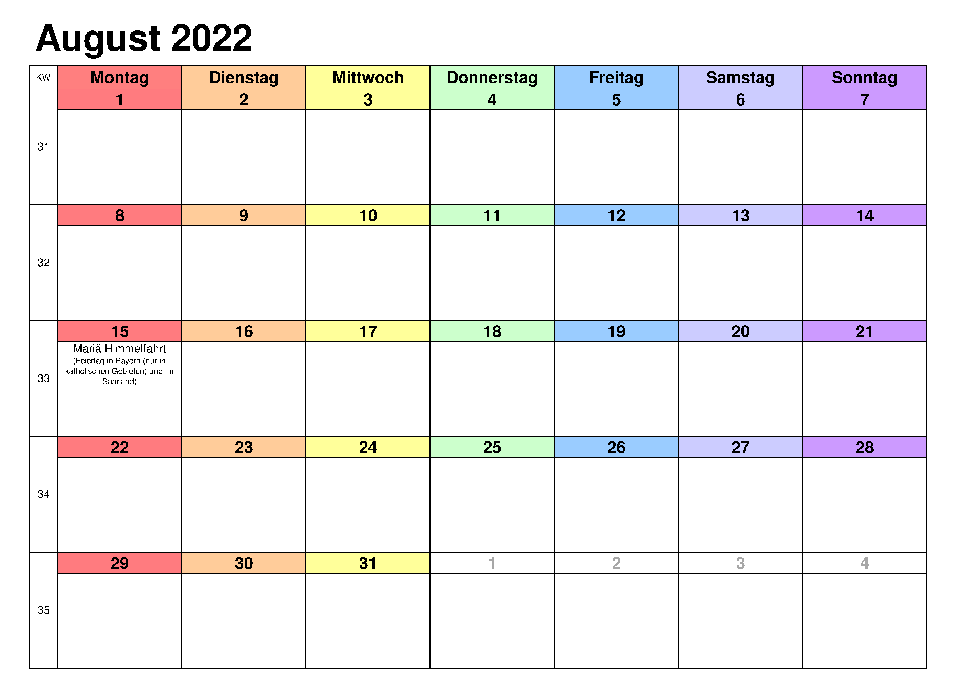 Kalender August 2022 Mit Feiertagen Stile